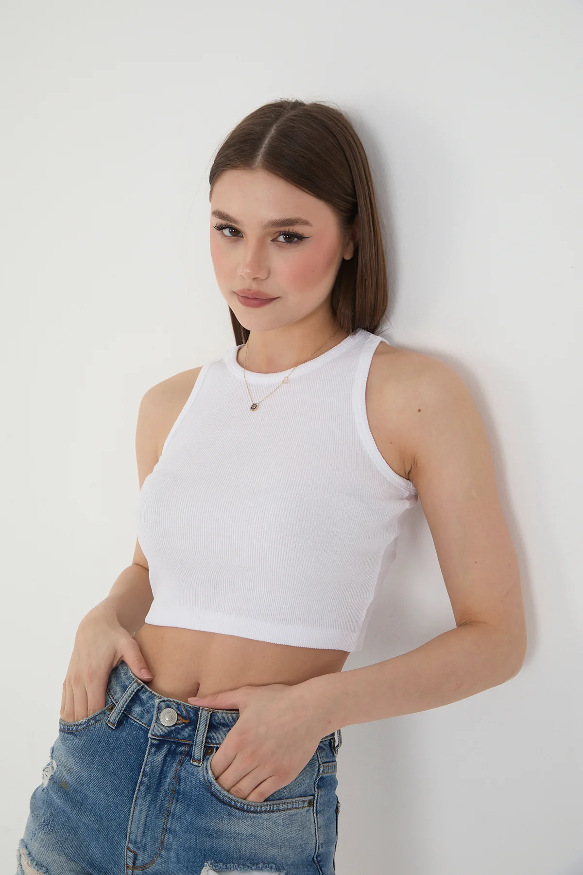 2'li Adet Kadın Halter Yaka Fitilli Askılı Sıfır Kol Crop Bluz