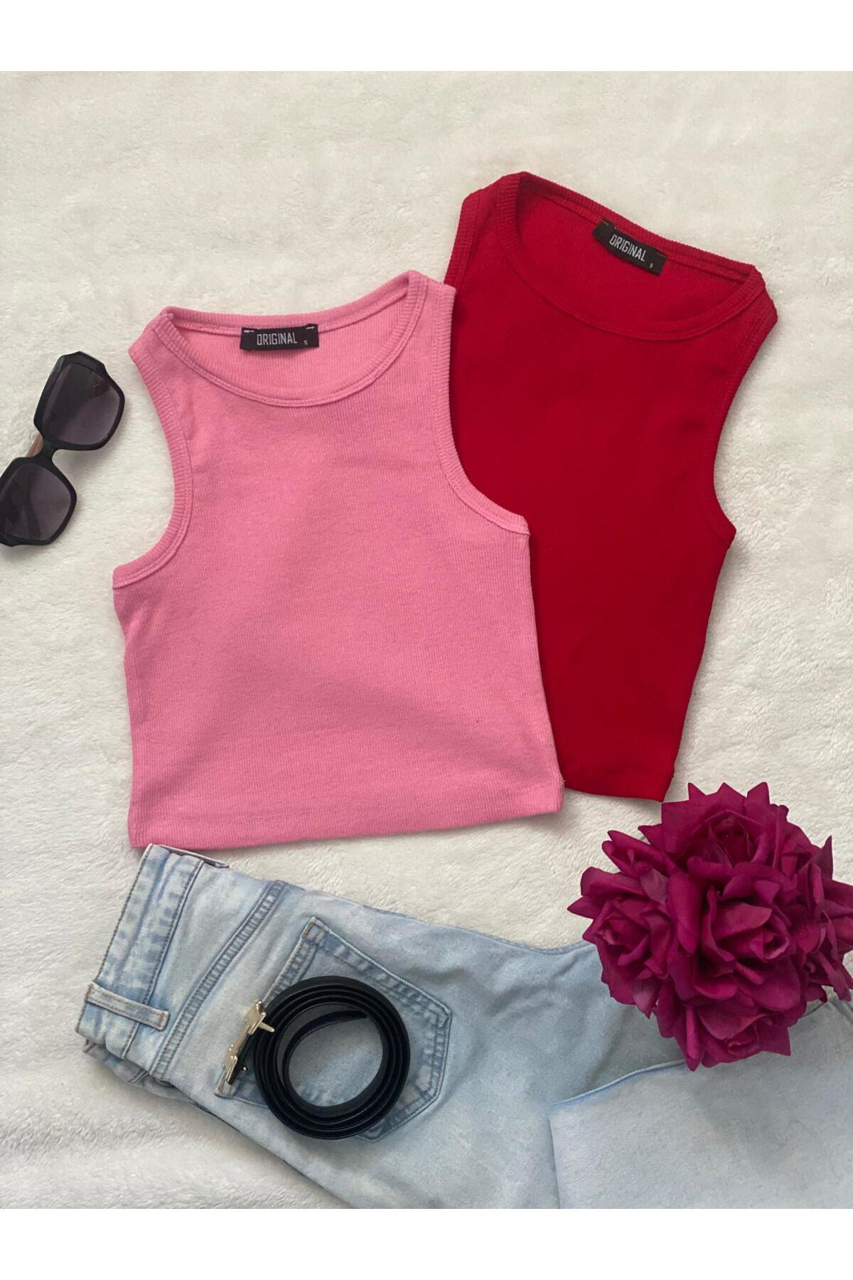 2'li Adet Kadın Halter Yaka Fitilli Askılı Sıfır Kol Crop Bluz