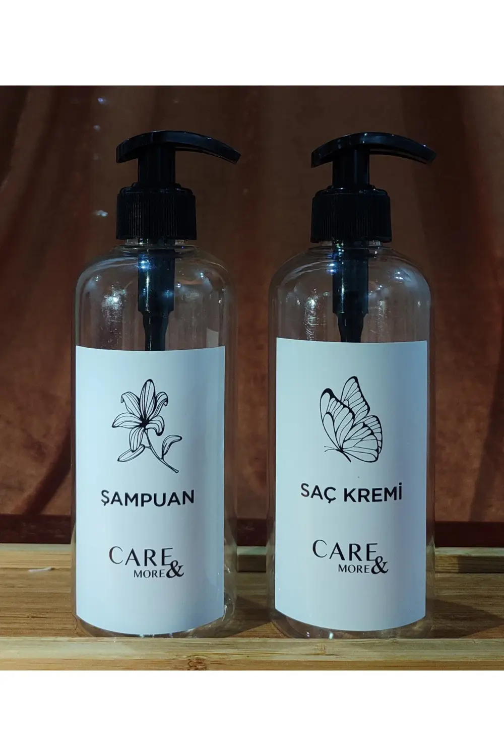 2'li Amber Banyo Seti Şampuan Saç Kremi Etiketli Plastik Şişe 500