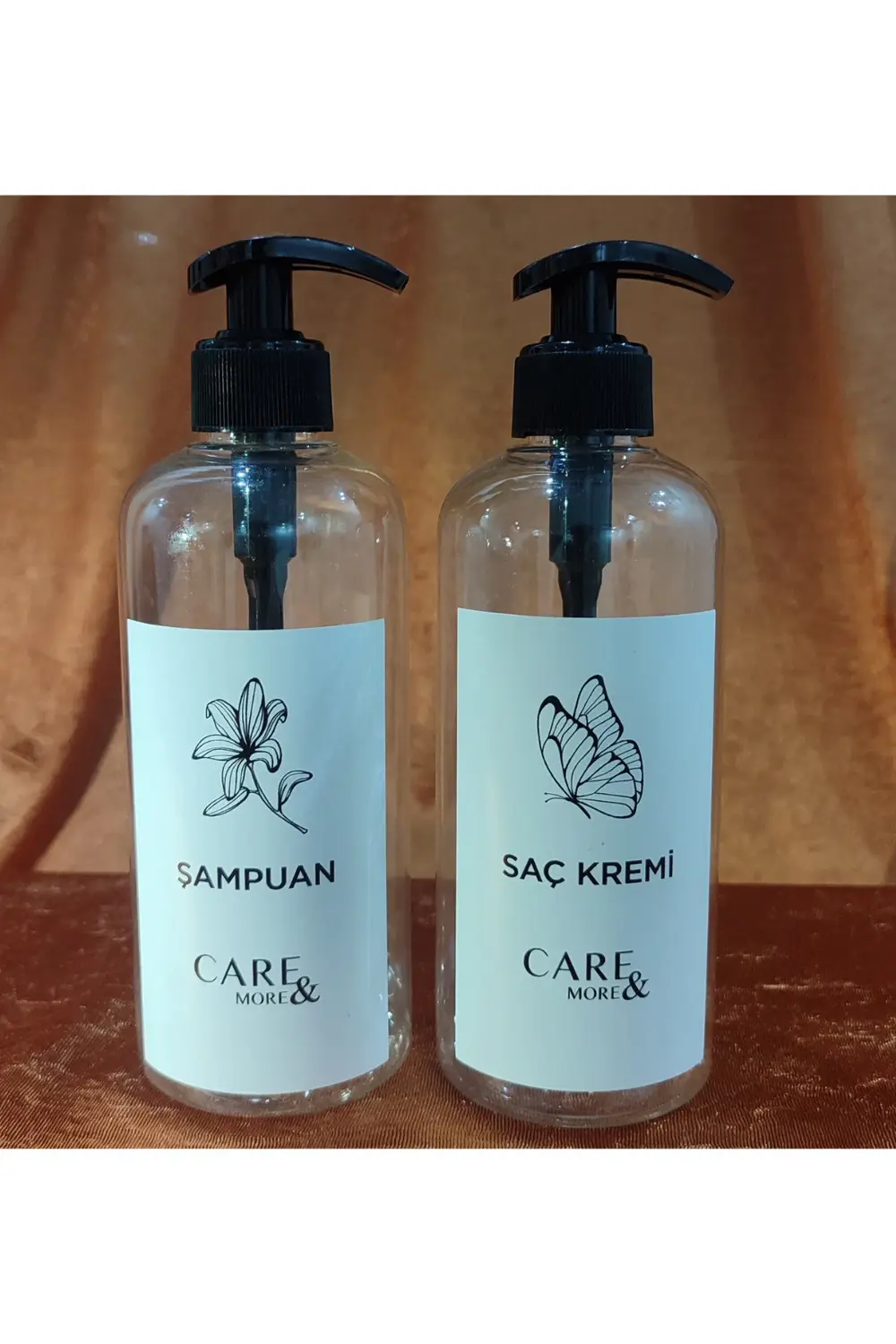 2'li Amber Banyo Seti Şampuan Saç Kremi Etiketli Plastik Şişe 500