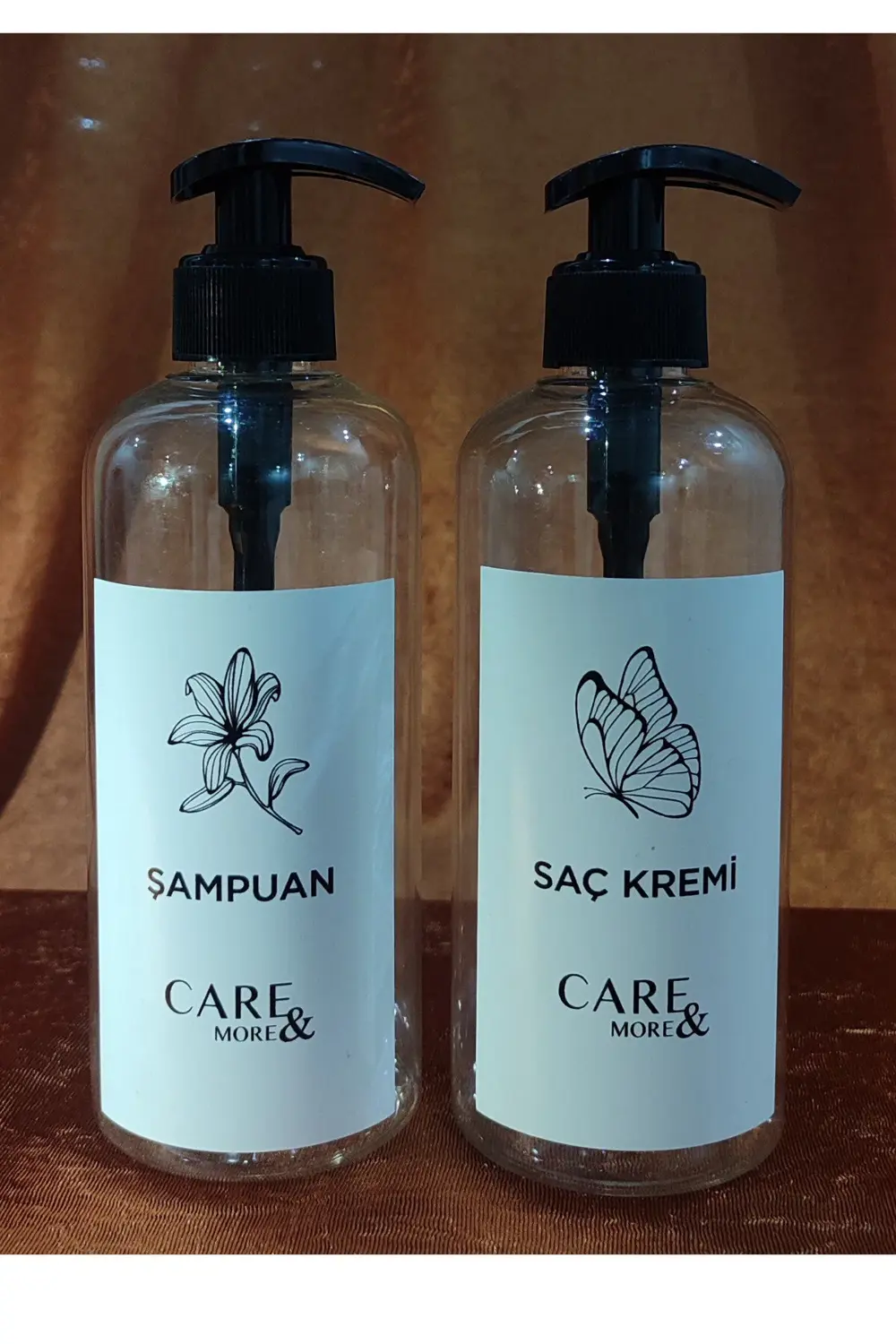 2'li Amber Banyo Seti Şampuan Saç Kremi Etiketli Plastik Şişe 500