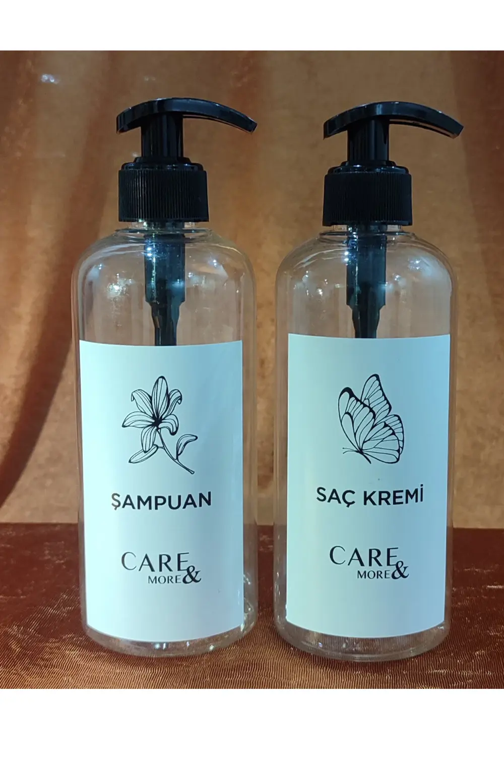 2'li Amber Banyo Seti Şampuan Saç Kremi Etiketli Plastik Şişe 500