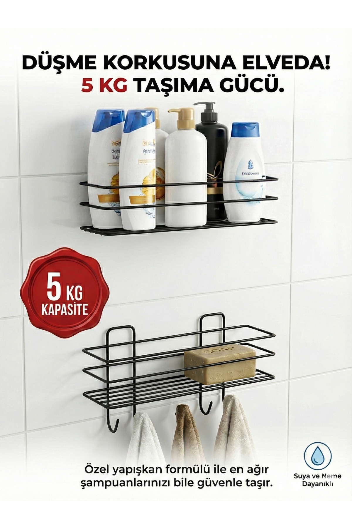 2'li Askılı Banyo Ve Mutfak Rafı Düzenleyici Paslanmaz Siyah Duş 