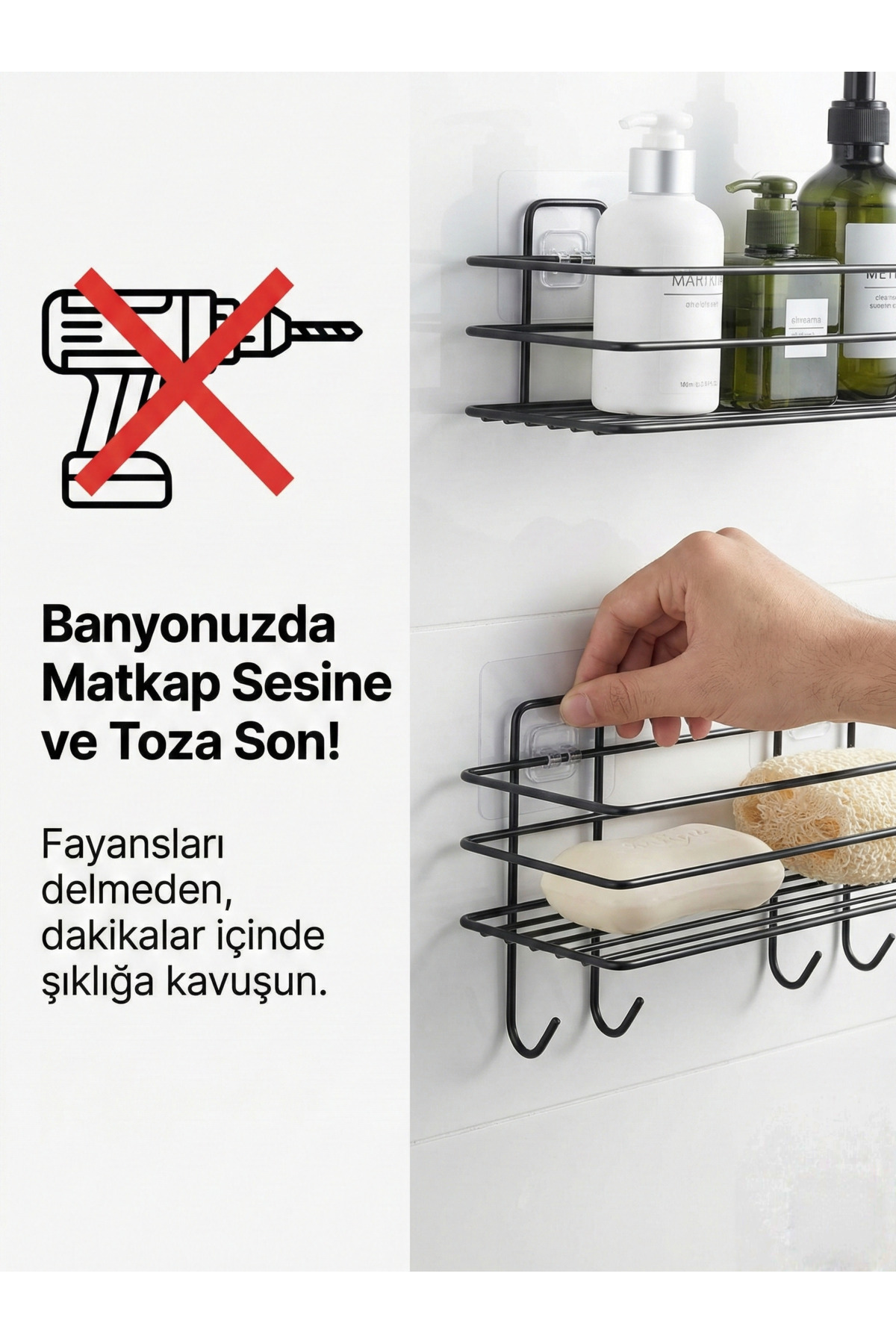 2'li Askılı Banyo Ve Mutfak Rafı Düzenleyici Paslanmaz Siyah Duş 