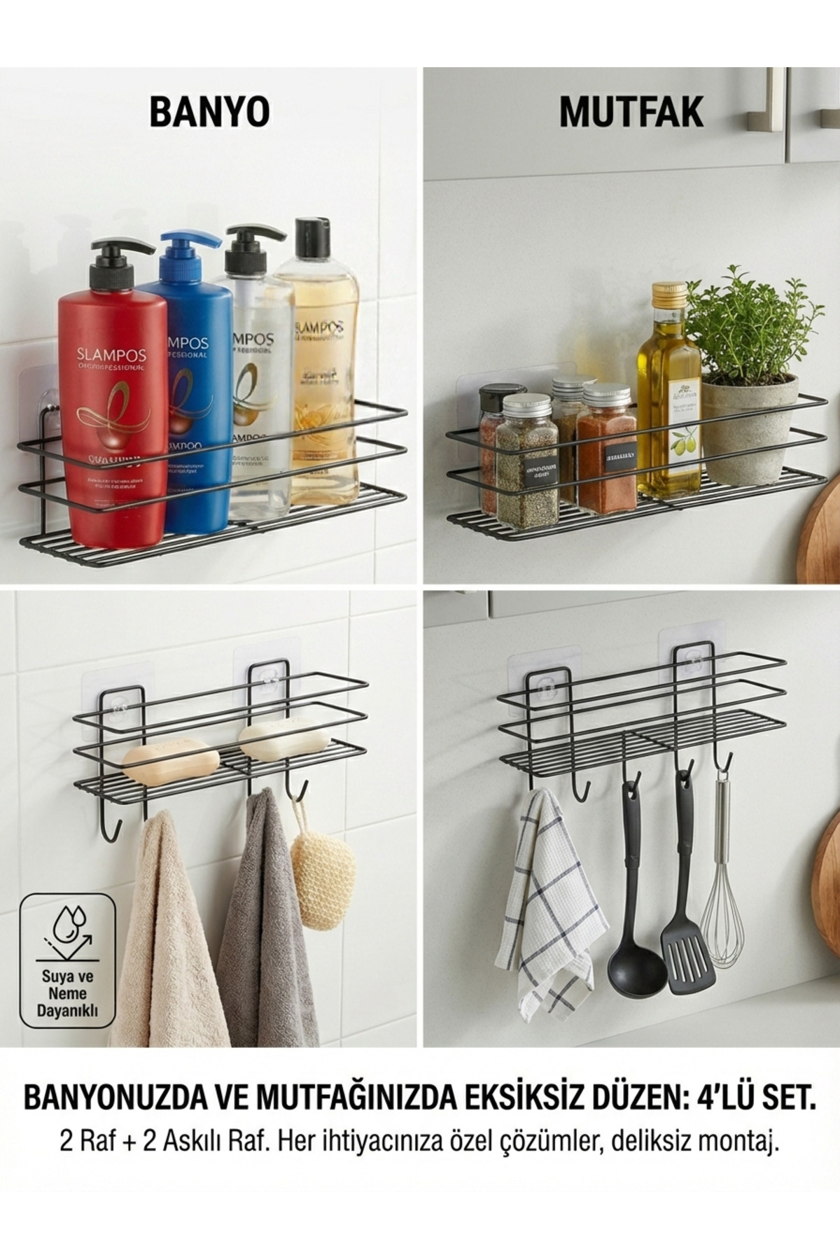 2'li Askılı Banyo Ve Mutfak Rafı Düzenleyici Paslanmaz Siyah Duş 