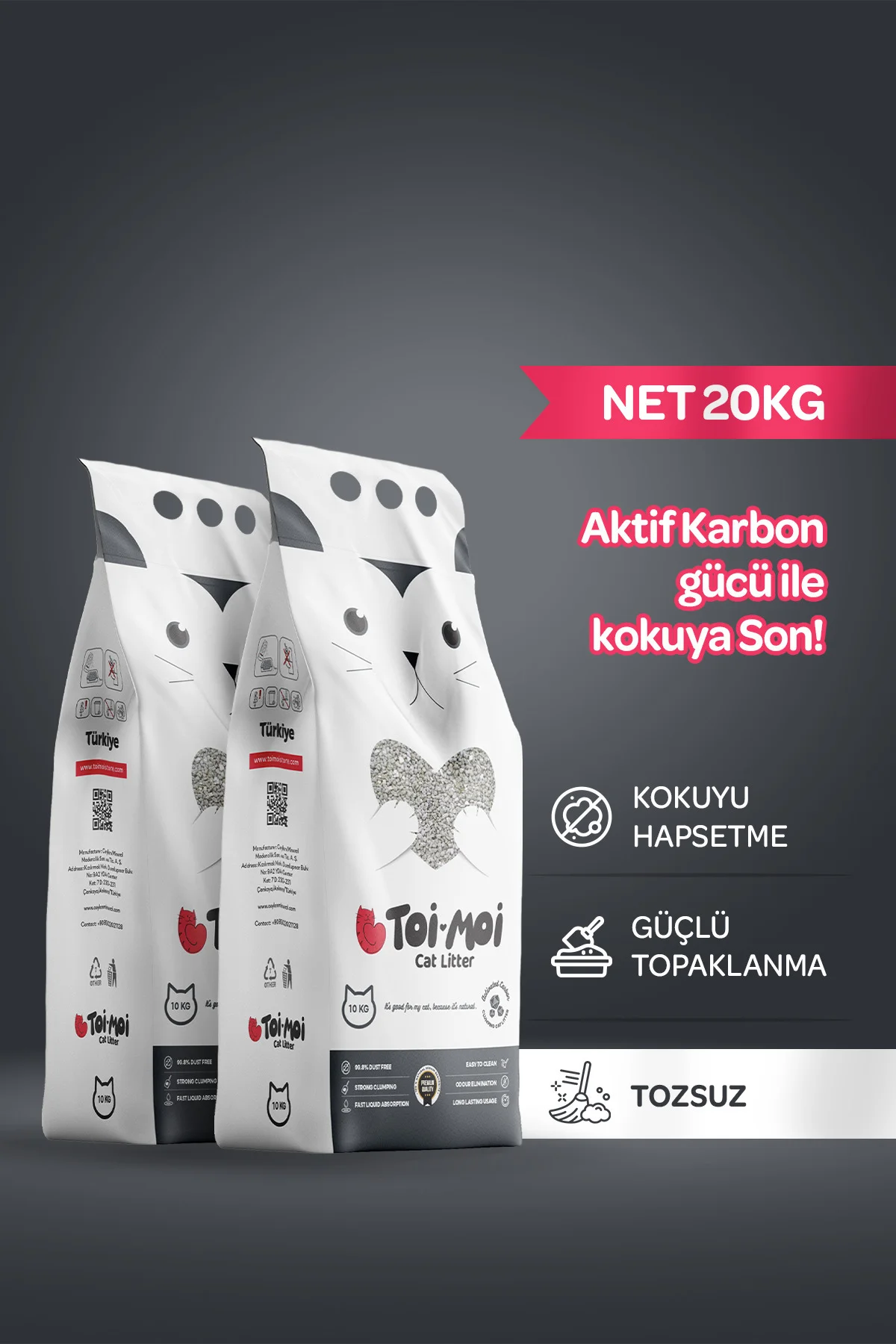 2li Avantaj Paketi Koku Hapseden, Topaklanan,Tozsuz Aktif Karbonlu Bentonit Kedi Kumu 2x10Kg