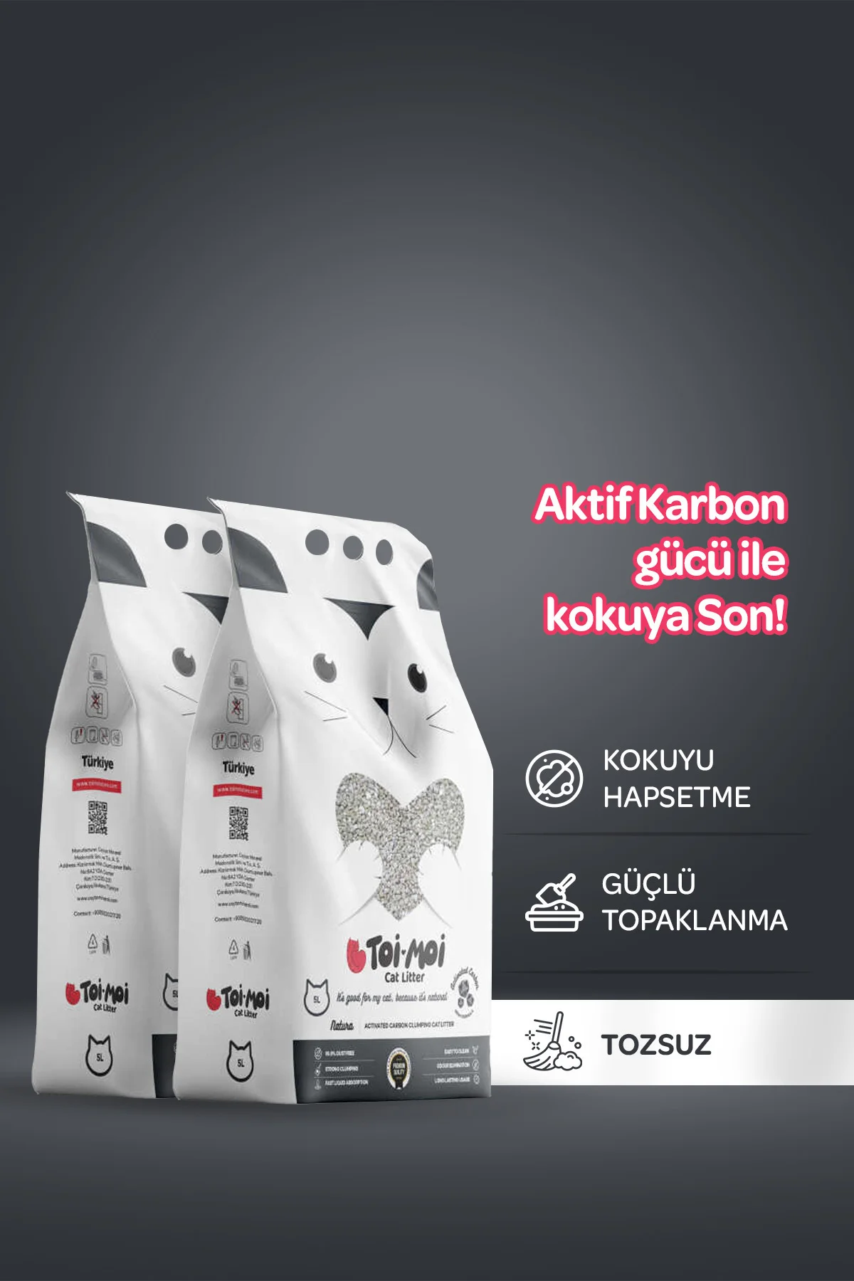2’li Avantaj Paketi Koku Hapseden, Topaklanan,Tozsuz Aktif Karbonlu Bentonit Kedi Kumu 2x5kg