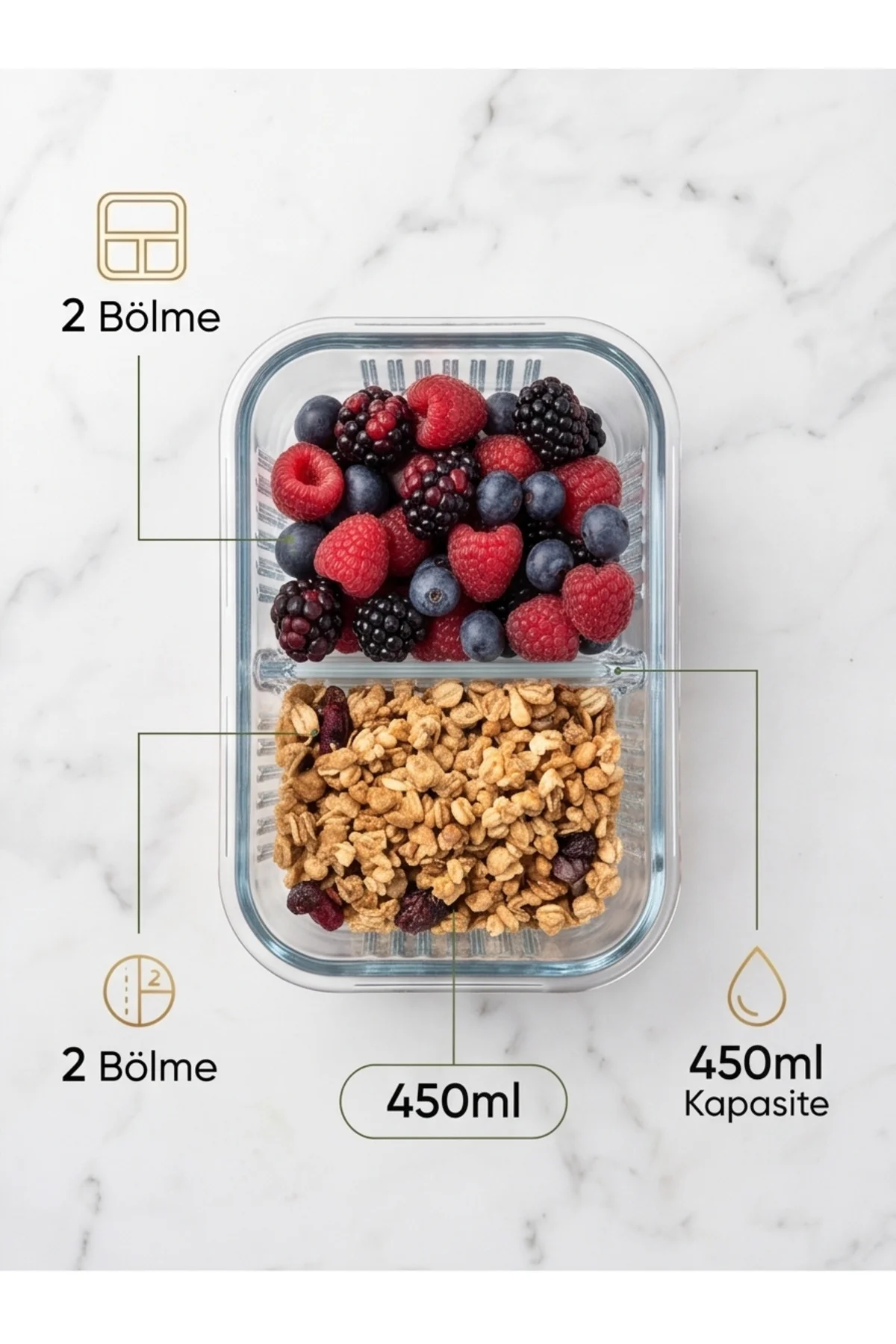 2'li Bölmeli Cam Saklama Kabı Seti - 450 ml Temperli Sızdırmaz Ka 2'li Bölmeli Cam Saklama Kabı Seti - 450 ml Temperli Sızdırmaz Ka