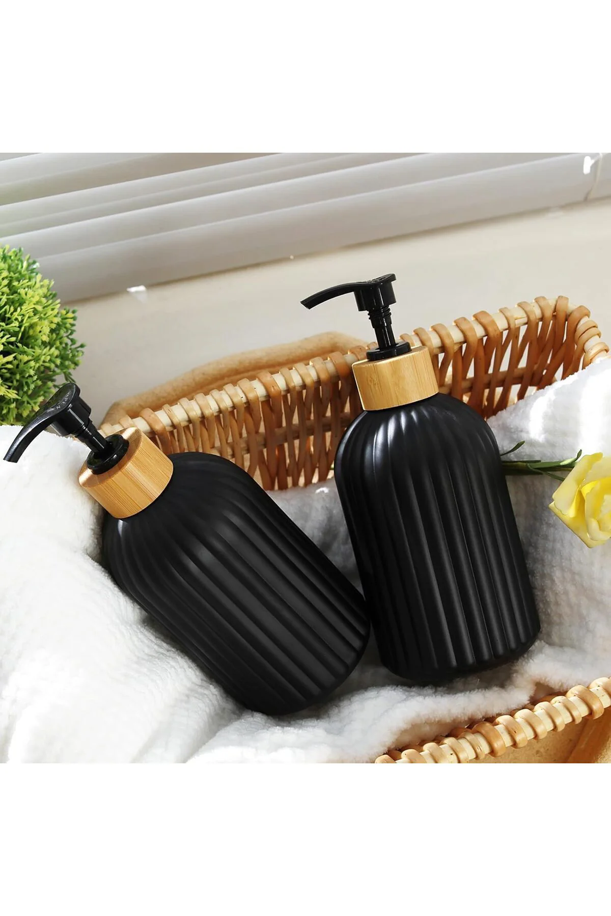 2'li Cam Bambu Başlık ve Standlı Banyo ve Mutfak Sıvı Sabunluğu