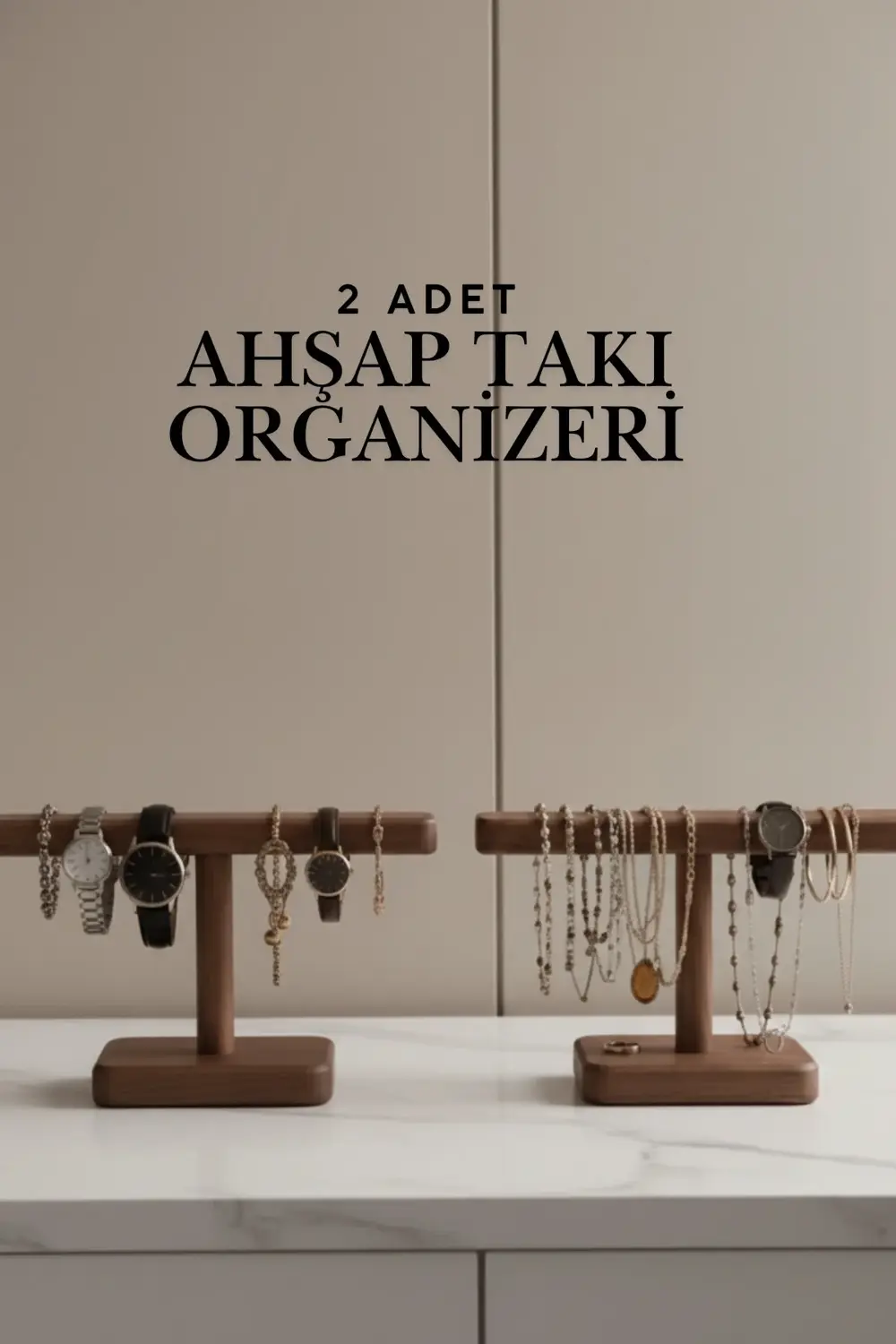 2'li Doğal Ahşap Takı Düzenleyici Seti, El Üretimi Takı Saat Stan