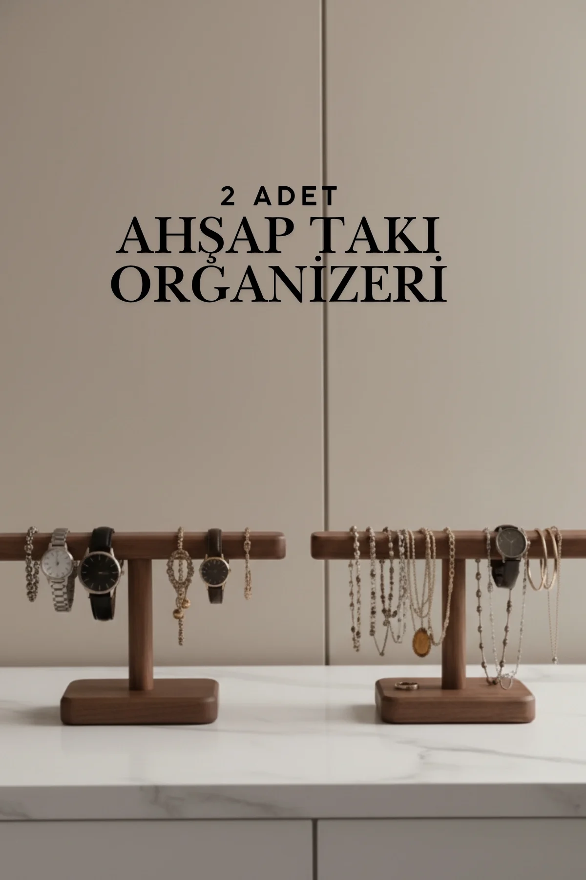 2'li Doğal Ahşap Takı Düzenleyici Seti, El Üretimi Takı Saat Stan