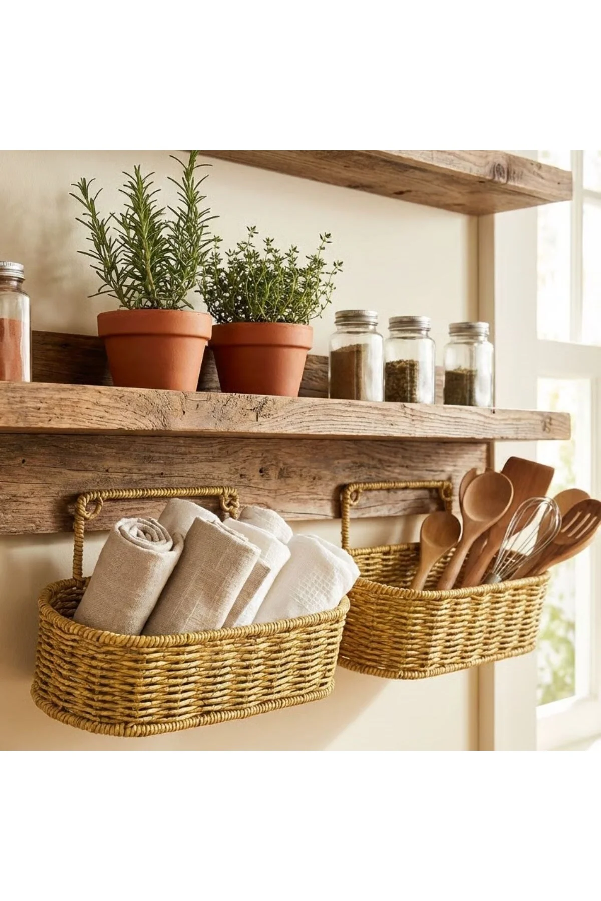 2’li Duvar Askılı Plastik Rattan Organizer – Oval Hasır Görünümlü Mutfak Raf Sepeti, Banyo ve Ev İçi - Görsel 3