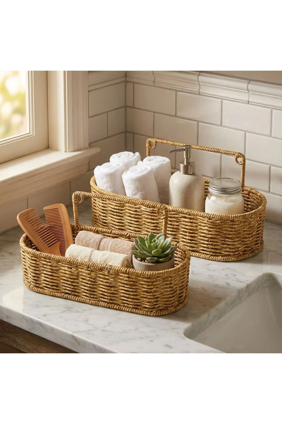 2’li Duvar Askılı Plastik Rattan Organizer – Oval Hasır Görünümlü Mutfak Raf Sepeti, Banyo ve Ev İçi - Görsel 4