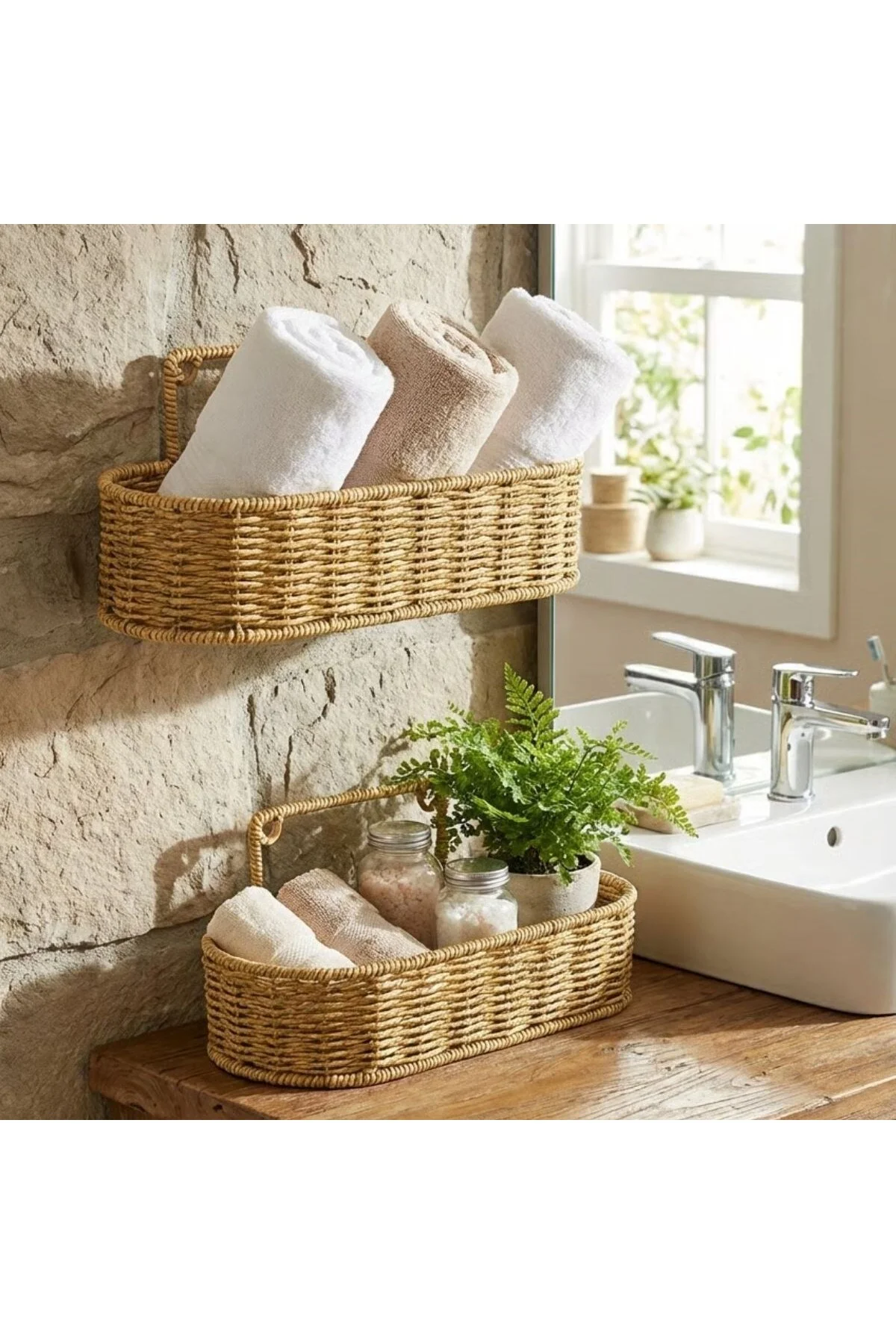 2’li Duvar Askılı Plastik Rattan Organizer – Oval Hasır Görünümlü Mutfak Raf Sepeti, Banyo ve Ev İçi - Görsel 2