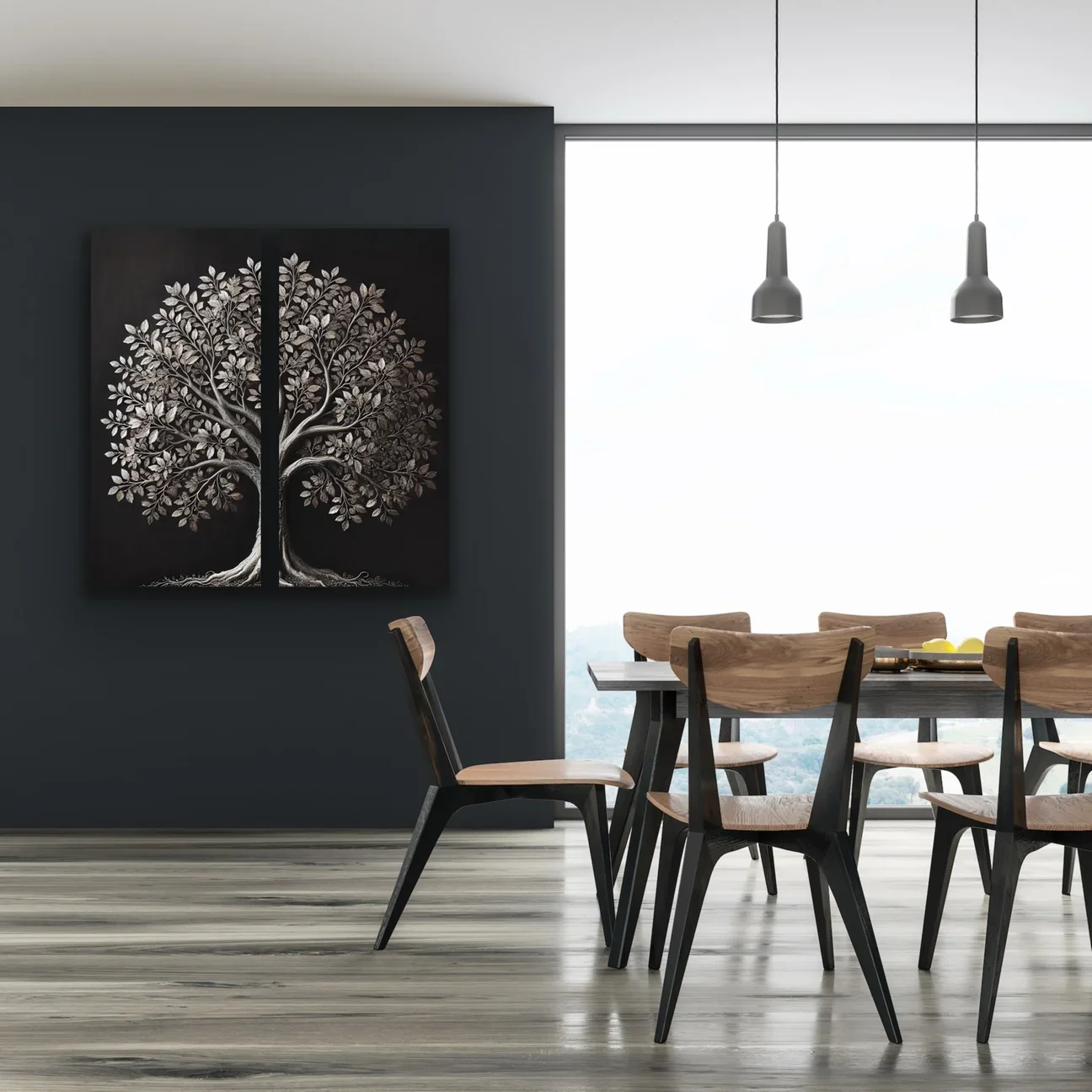 2li Eskitme Krom Ağaç Kanvas Tablo 60x120cm - Çerçevesiz Duvar Dekorasyonu