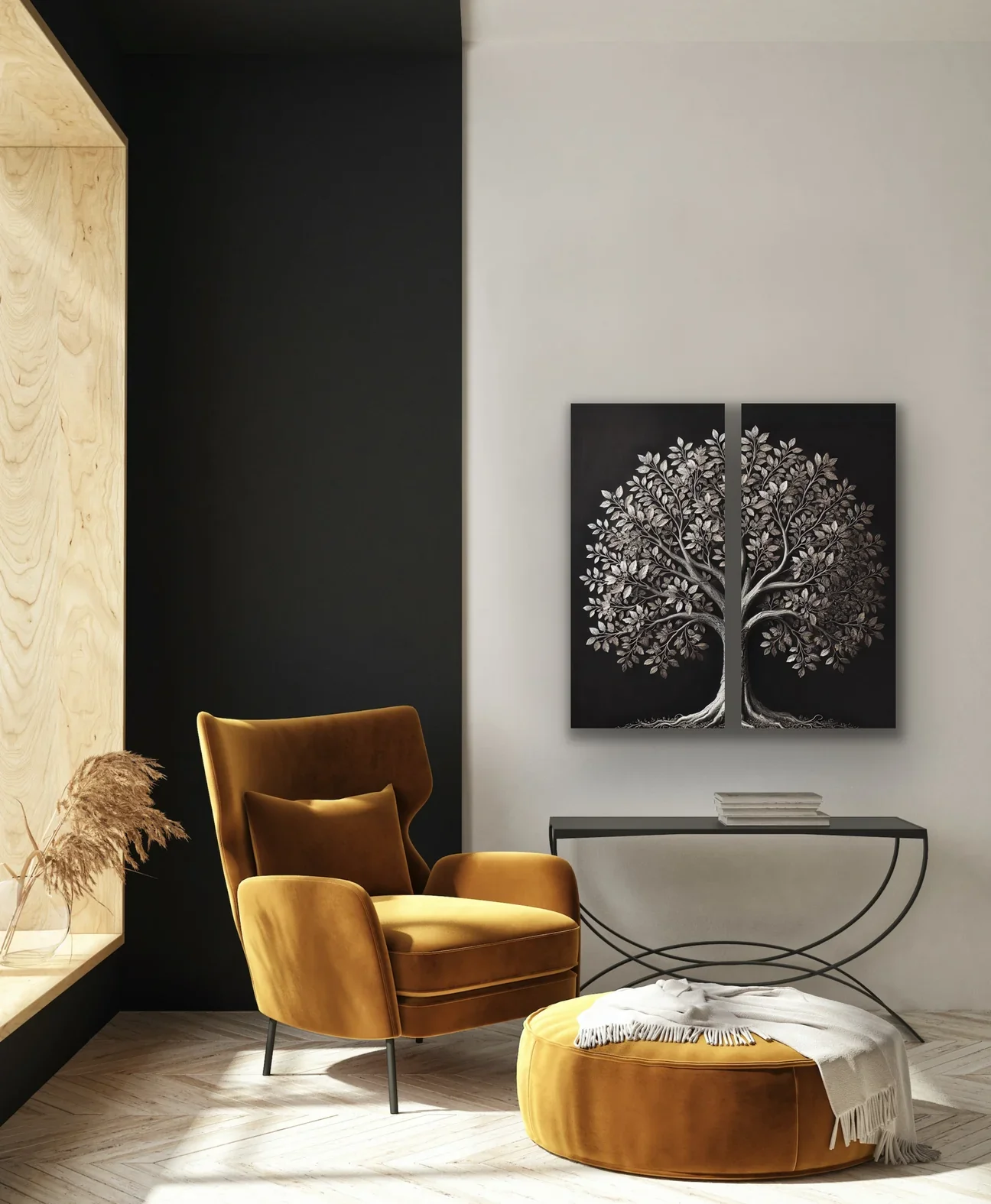2li Eskitme Krom Ağaç Kanvas Tablo 60x120cm - Çerçevesiz Duvar Dekorasyonu