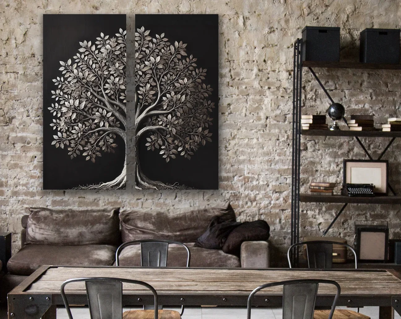 2li Eskitme Krom Ağaç Kanvas Tablo 60x120cm - Çerçevesiz Duvar Dekorasyonu