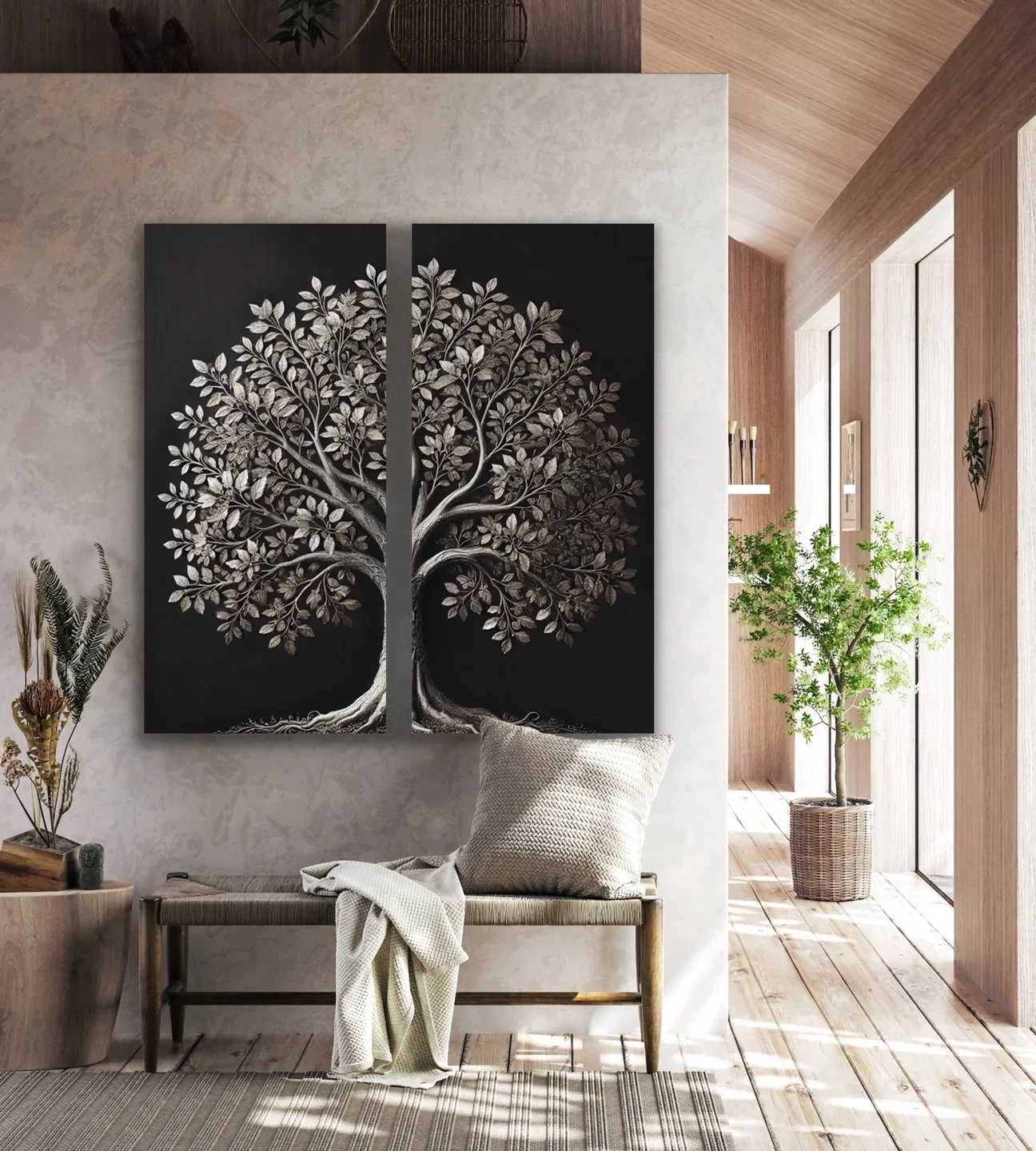 2li Eskitme Krom Ağaç Kanvas Tablo 60x120cm - Çerçevesiz Duvar Dekorasyonu