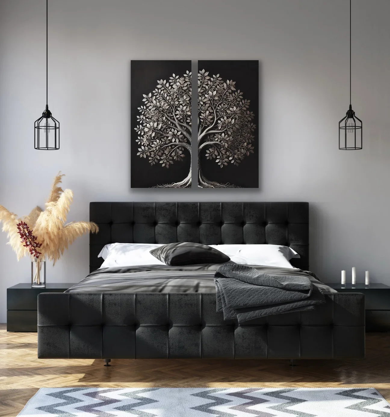 2li Eskitme Krom Ağaç Kanvas Tablo 60x120cm - Çerçevesiz Duvar Dekorasyonu