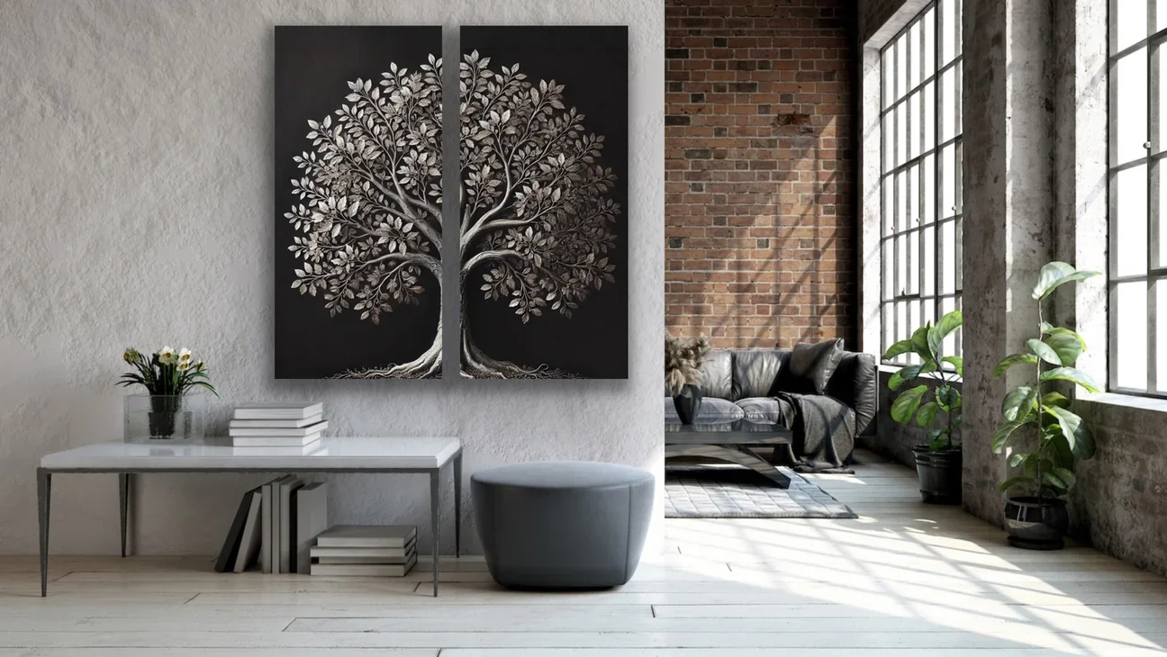 2li Eskitme Krom Ağaç Kanvas Tablo 60x120cm - Çerçevesiz Duvar Dekorasyonu