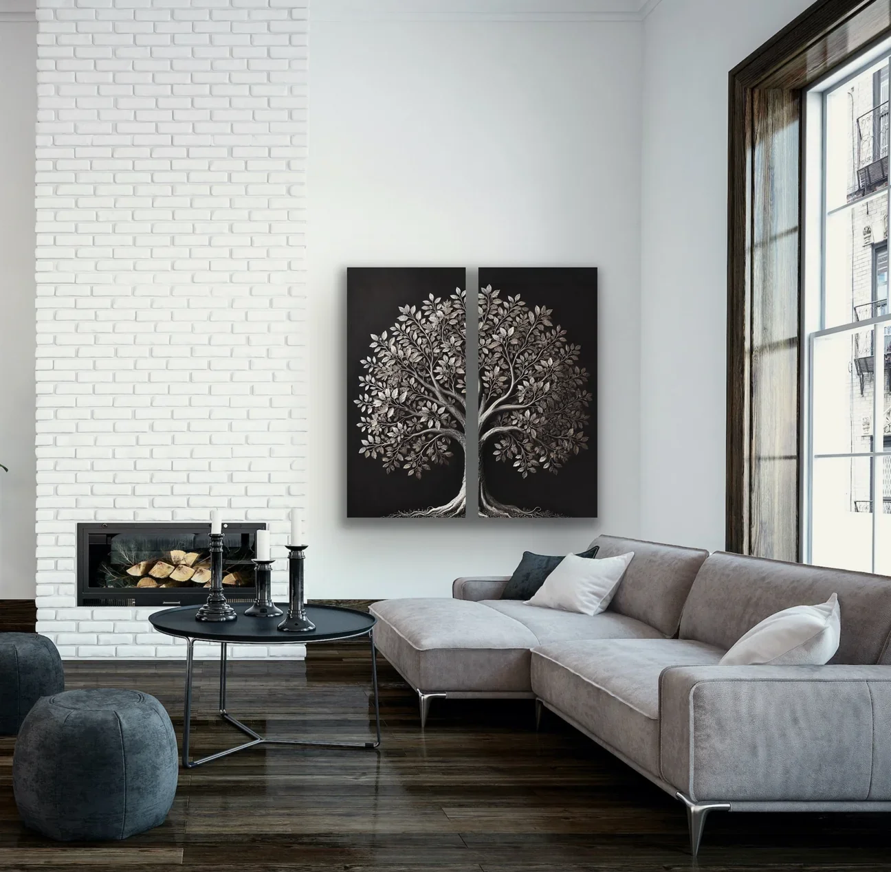 2li Eskitme Krom Ağaç Kanvas Tablo 60x120cm - Çerçevesiz Duvar Dekorasyonu