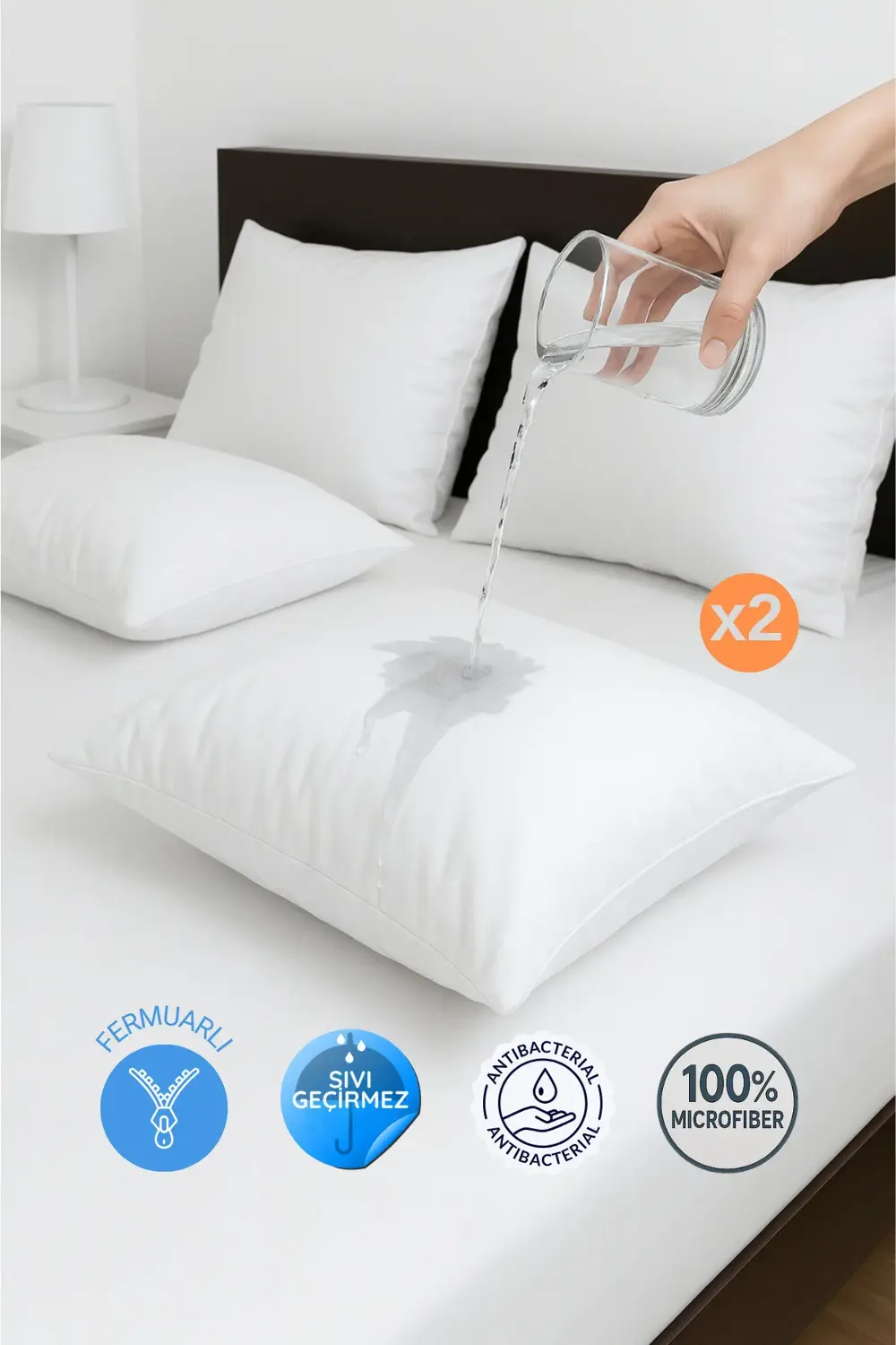 2'li Fermuarlı Mikrofiber Su Sıvı Geçirmez Yastık Alezi Yastık Ko