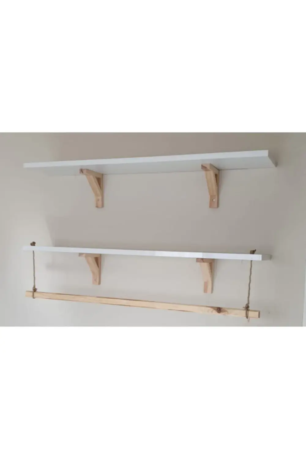 2'li Halatlı Askılı Ahşap-beyaz Dekoratif Duvar Rafı Derinlik 15