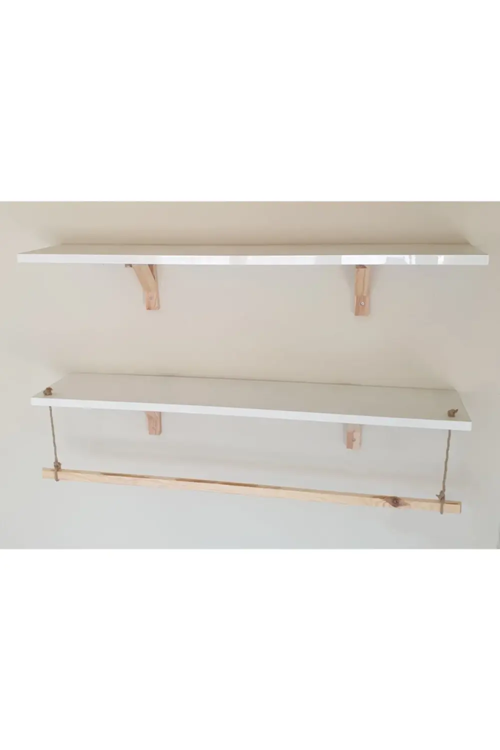 2'li Halatlı Askılı Ahşap-beyaz Dekoratif Duvar Rafı Derinlik 15