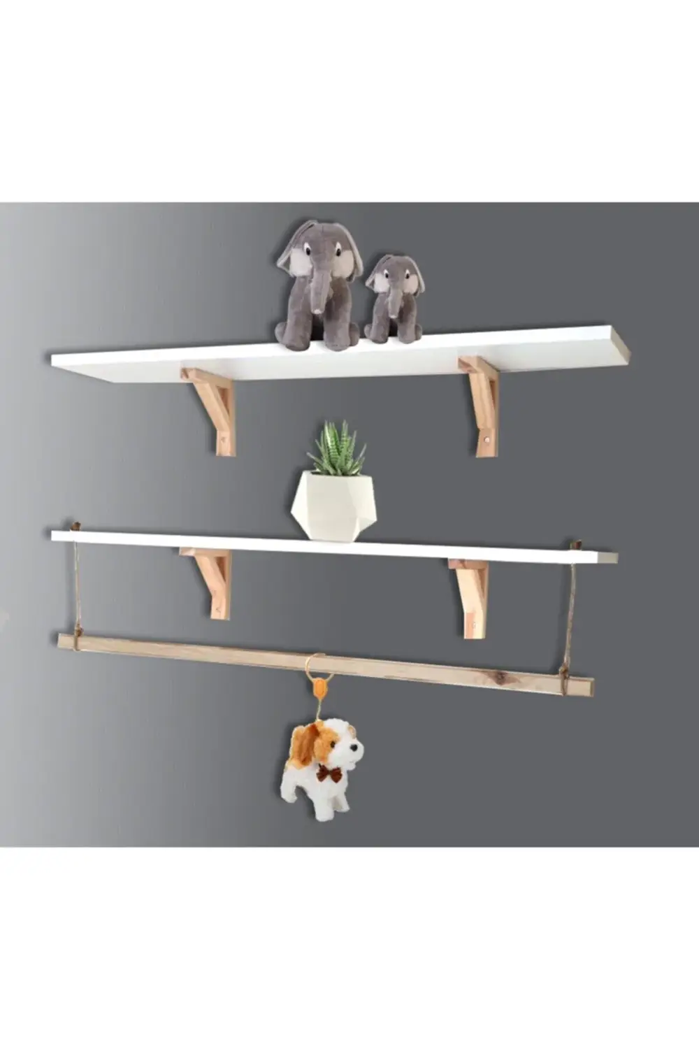 2'li Halatlı Askılı Ahşap-beyaz Dekoratif Duvar Rafı Derinlik 15