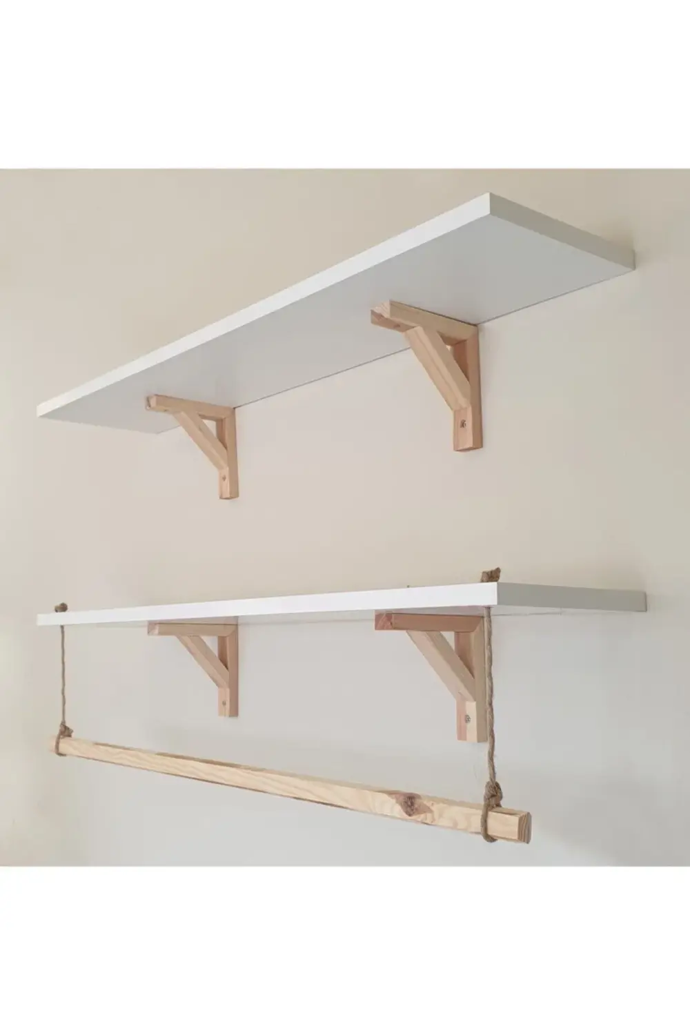 2'li Halatlı Askılı Ahşap-beyaz Dekoratif Duvar Rafı 80x20 Cm