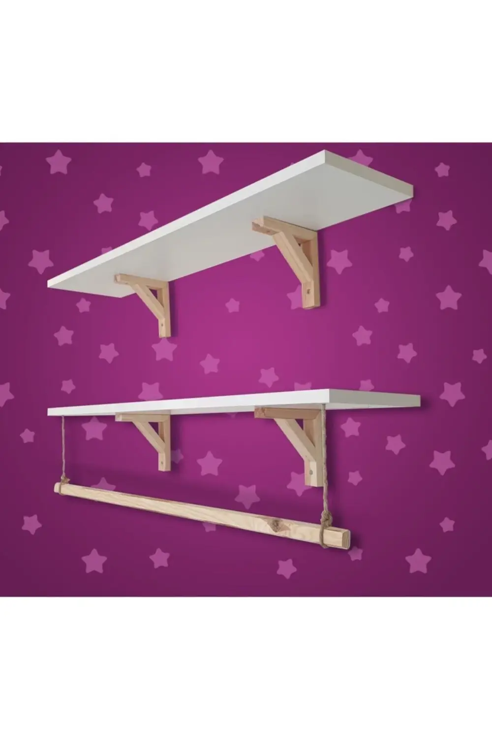 2'li Halatlı Askılı Ahşap-beyaz Dekoratif Duvar Rafı 80x20 Cm