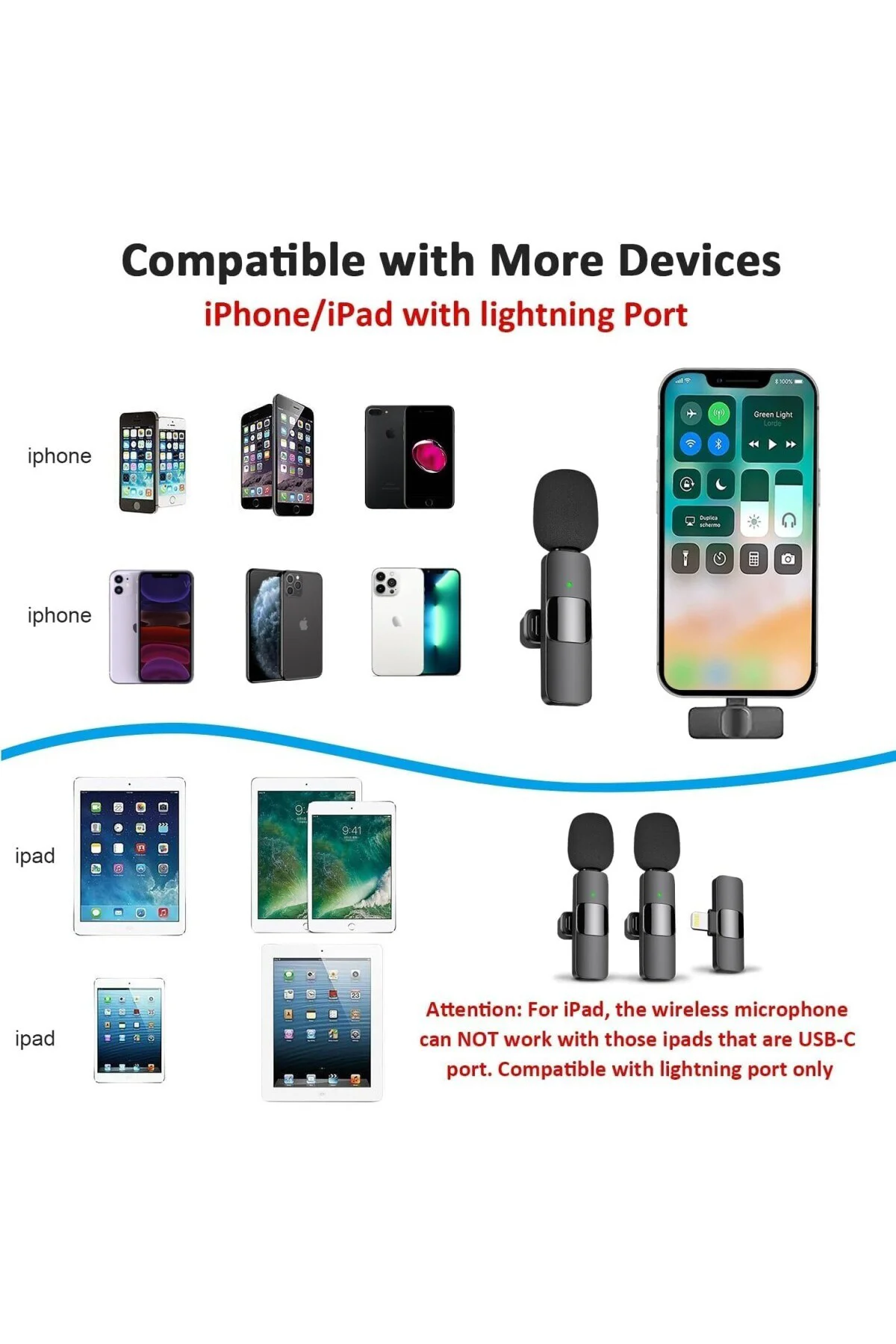 2’li Kablosuz Yaka Mikrofonu iPhone Uyumlu | Tak Çalıştır | Light