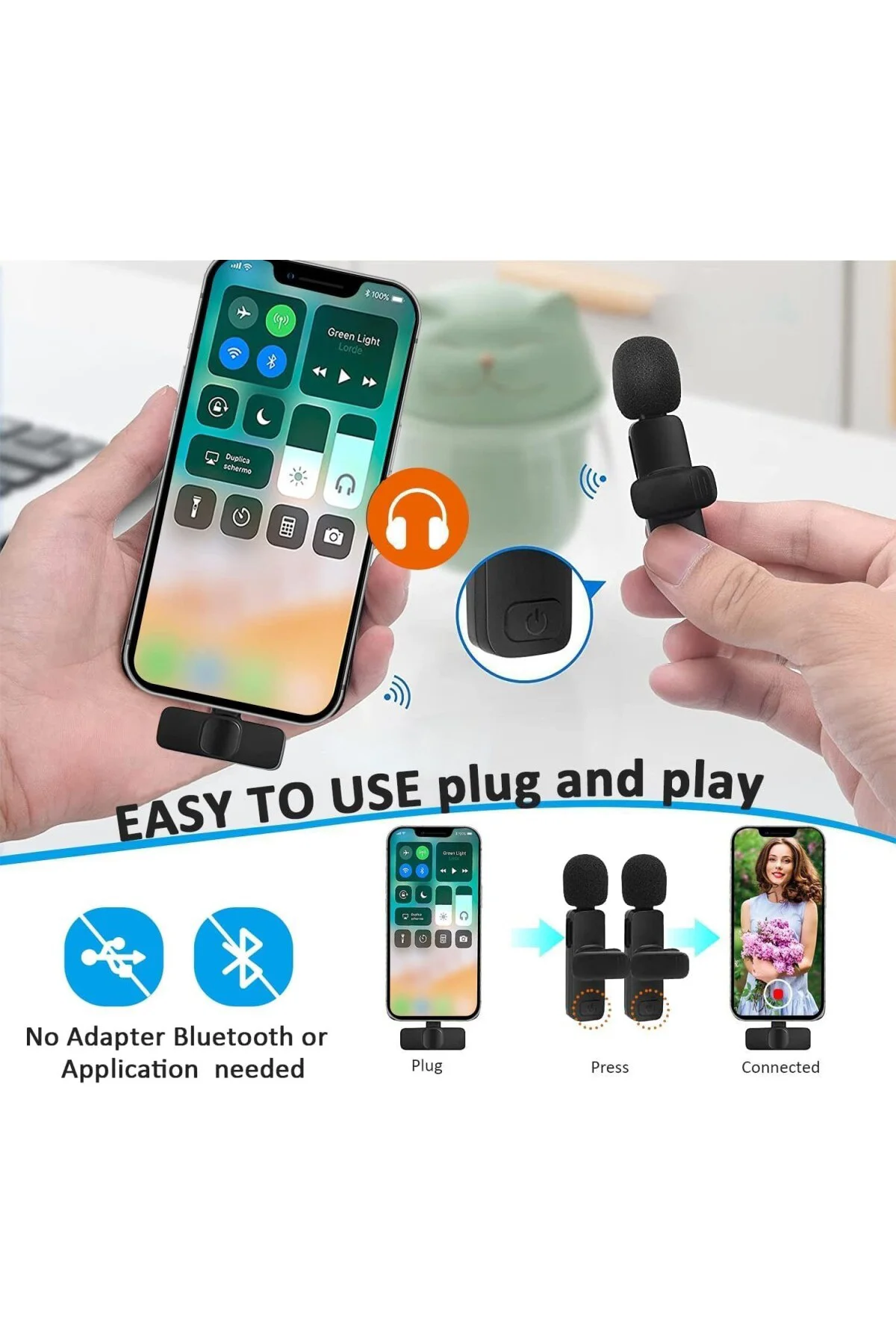 2’li Kablosuz Yaka Mikrofonu iPhone Uyumlu | Tak Çalıştır | Light
