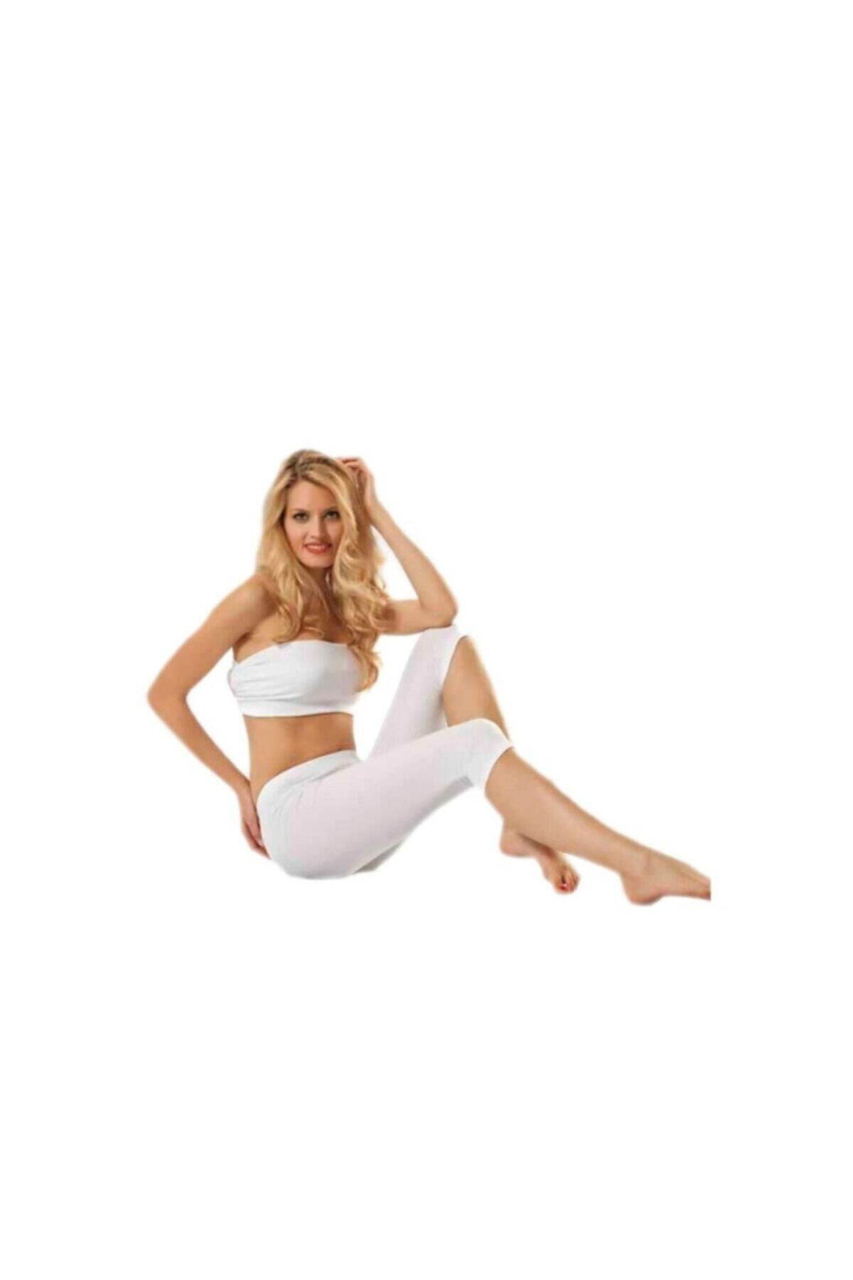 2li Kadın Beyaz Likralı Kapri Tayt Yeni Sezon