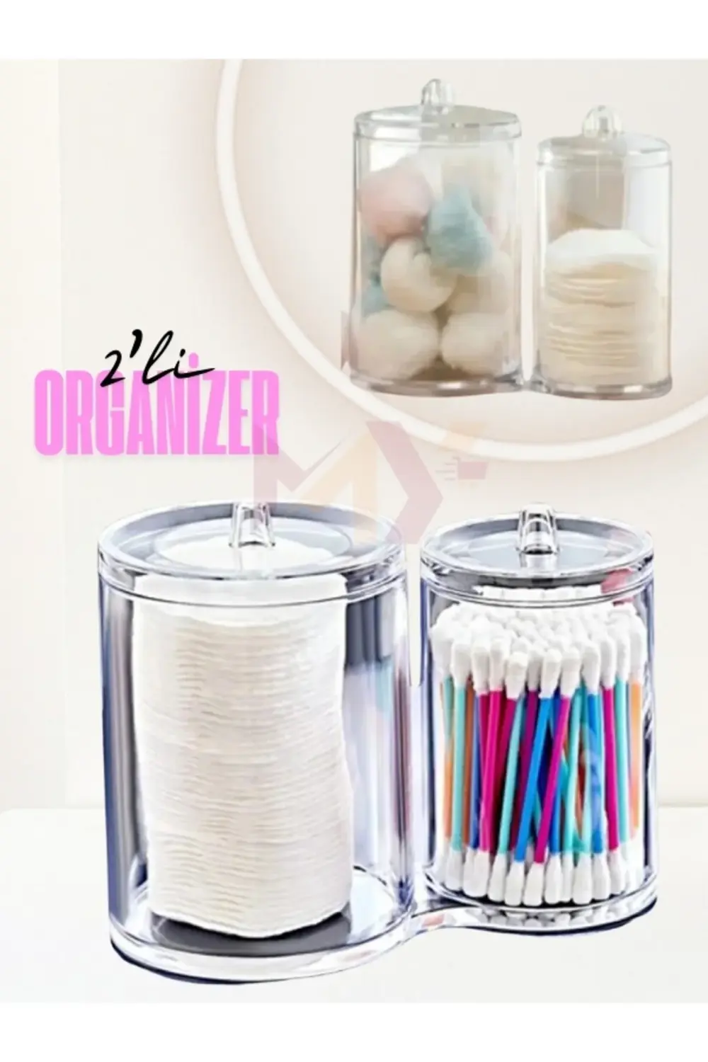 2'li Kapaklı Birleşik Pamuk Çubuk Organizeri, Banyo Makyaj Malzem