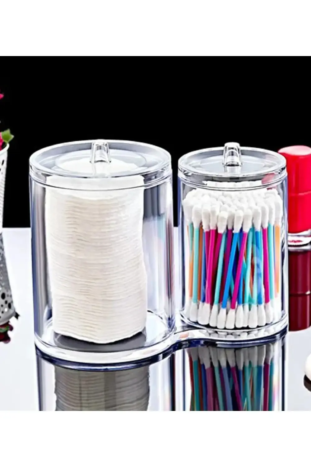 2'li Kapaklı Birleşik Pamuk Çubuk Organizeri, Banyo Makyaj Malzem