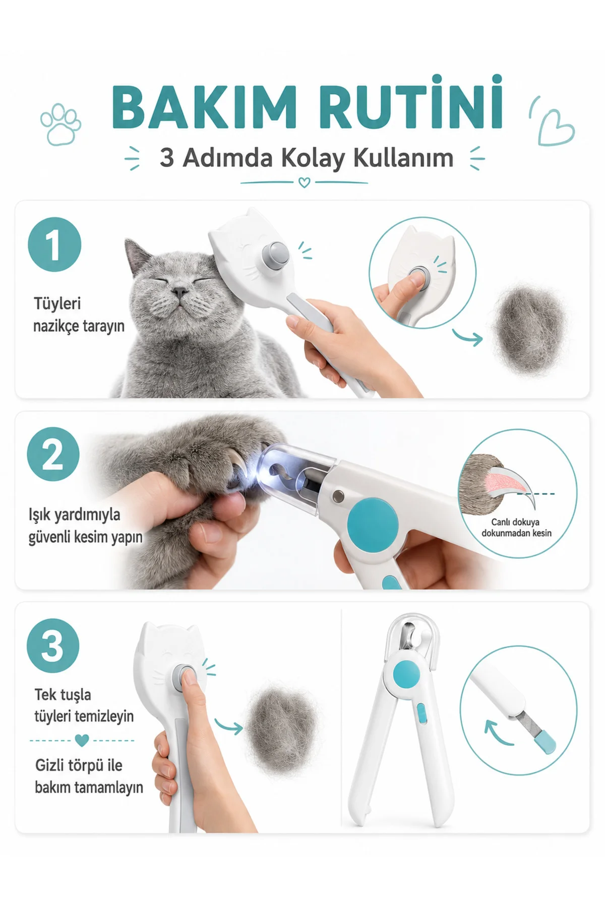 2’li Kedi Köpek Bakım Seti Kendini Temizleyen Tarak LED Işıklı Tırnak Makası