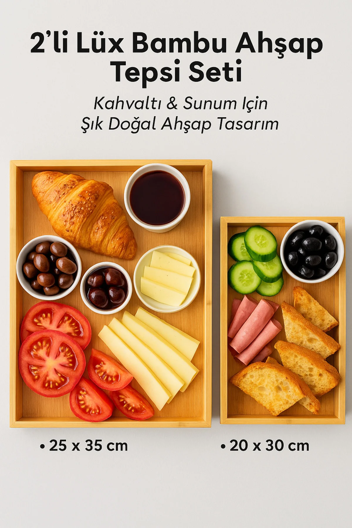 2’li Lüx Bambu Ahşap Tepsi Seti – Kahvaltı & Sunum Tepsisi | Şık 