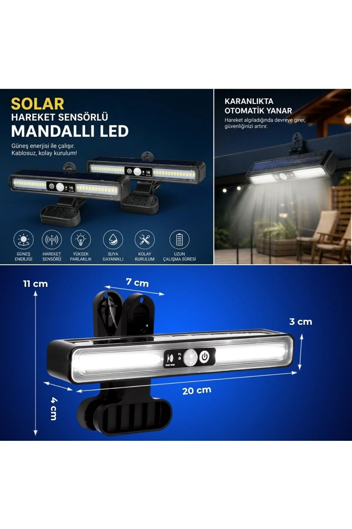 2'li Mandallı LED Solar Lamba - 36 LED - Hareket Sensörlü - 3 Modlu - Görsel 2