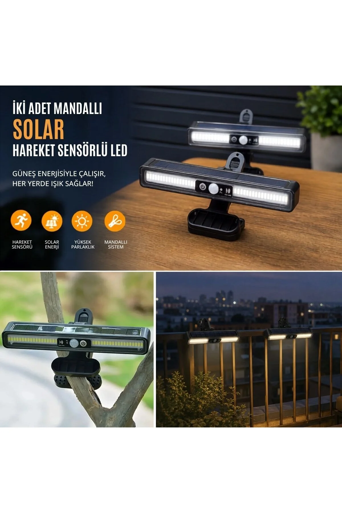 2'li Mandallı LED Solar Lamba - 36 LED - Hareket Sensörlü - 3 Modlu - Görsel 5
