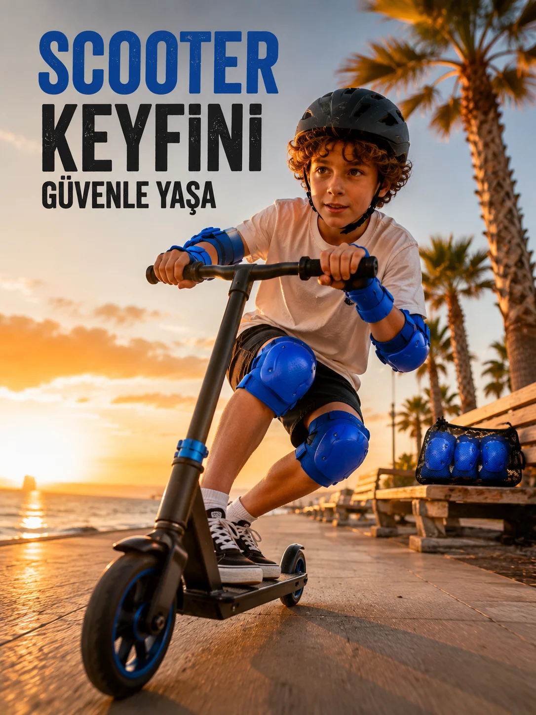 2'li Mavi Çocuk Koruyucu Spor Seti Dizlik Dirseklik El Bilek Koruyucu