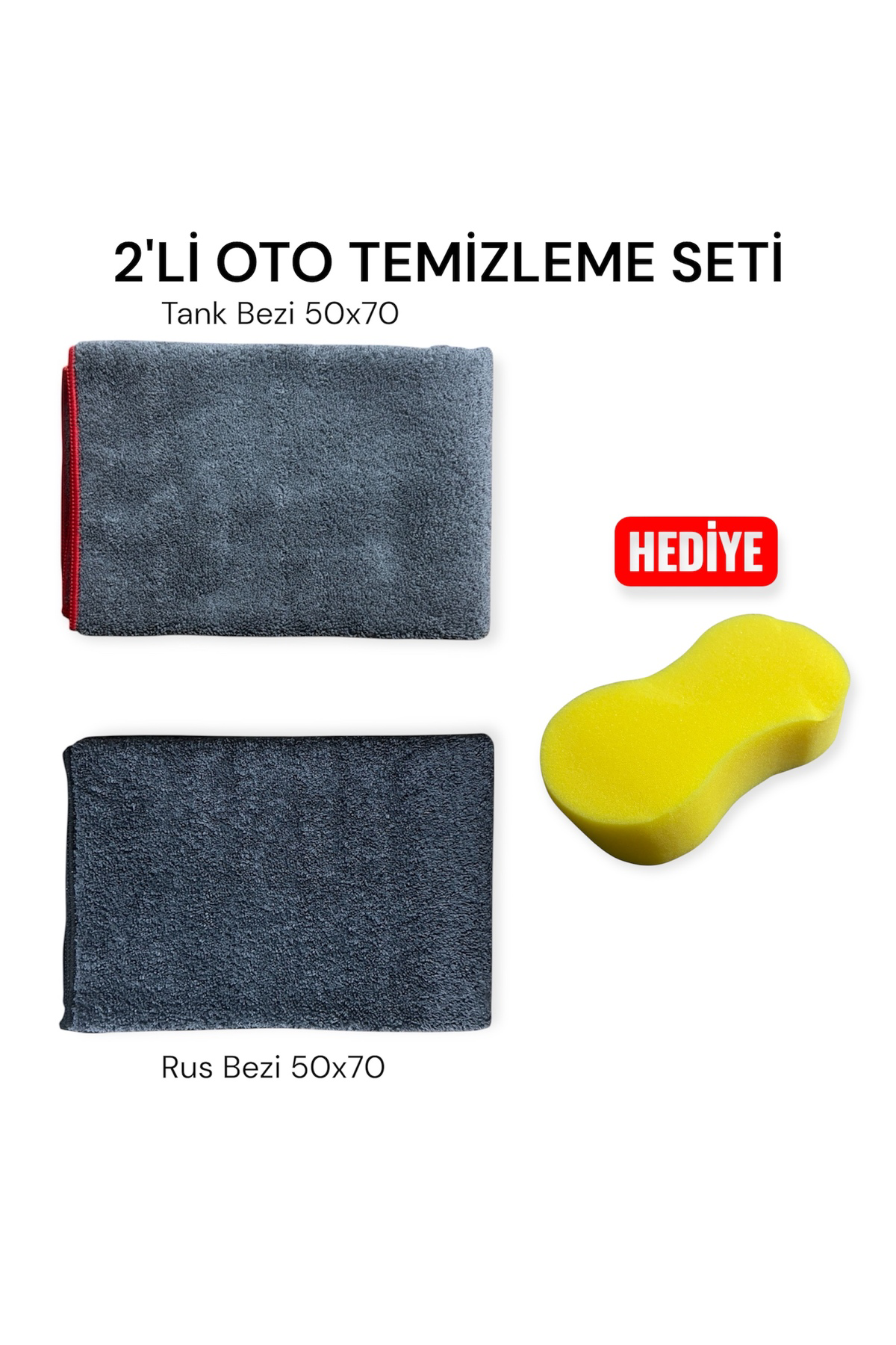 2'Lİ MİKROFİBER OTO TEMİZLEME BEZ SETİ, TANK BEZİ + RUS BEZİ 50x7