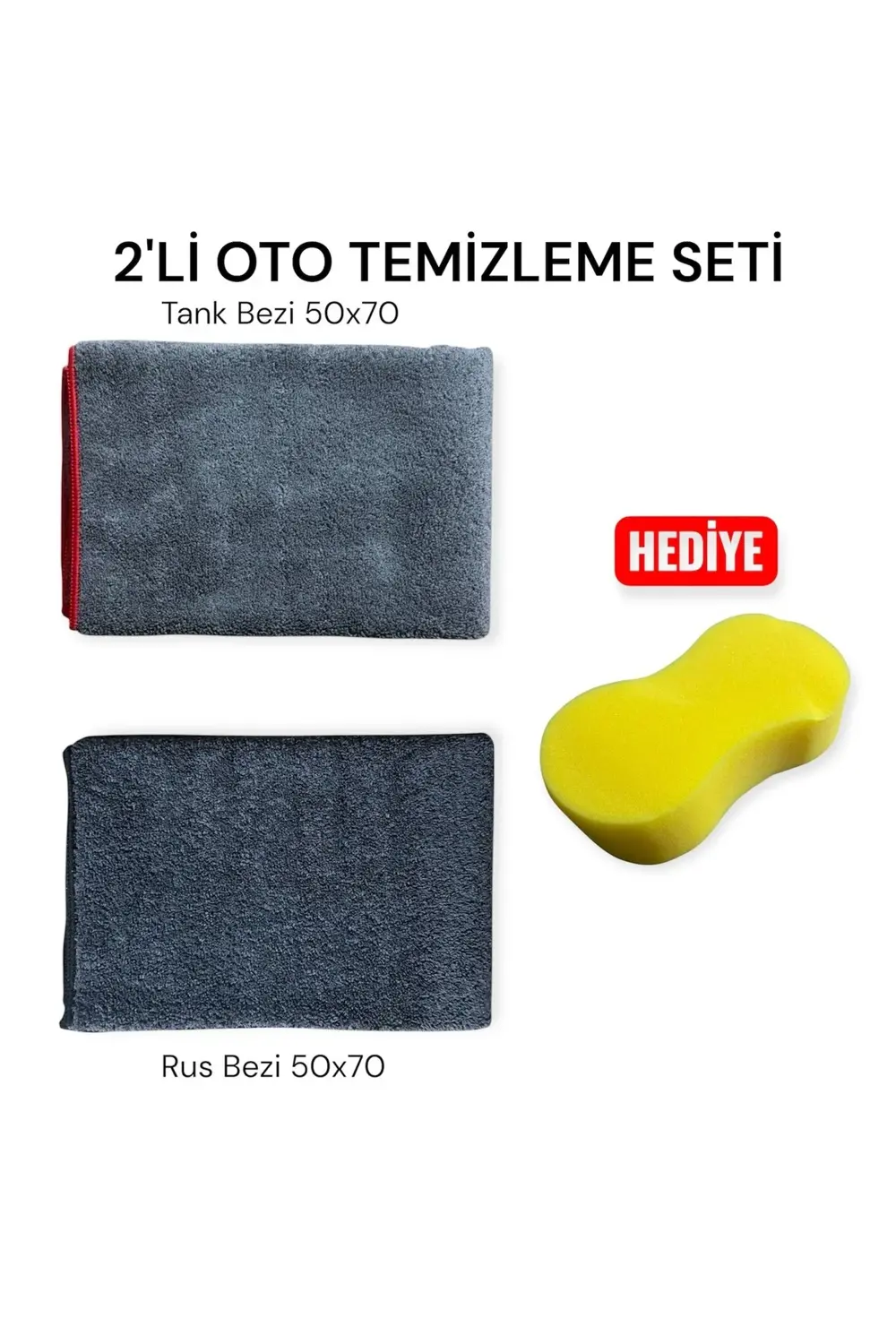 2'Lİ MİKROFİBER OTO TEMİZLEME BEZ SETİ, TANK BEZİ + RUS BEZİ 50x7