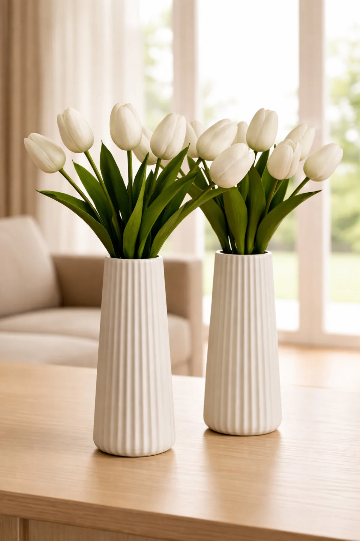 2'li Modern Dekorasyon İçin Şık Beyaz Çizgili Seramik Çiçek Vazo 