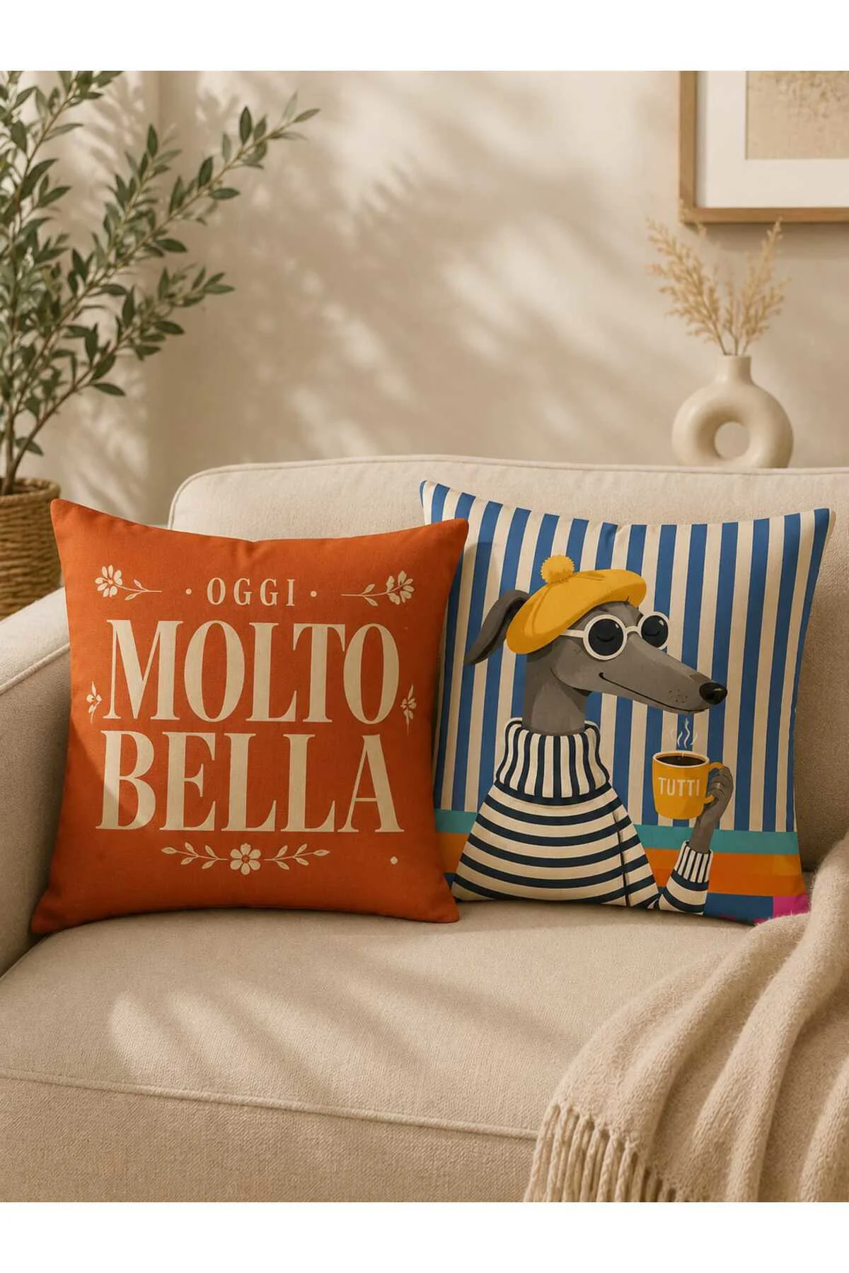 2'li Oggi Molto Bella & Şık Köpek Desenli Dijital Baskılı Dekoratif Kırlent Kılıfı Seti