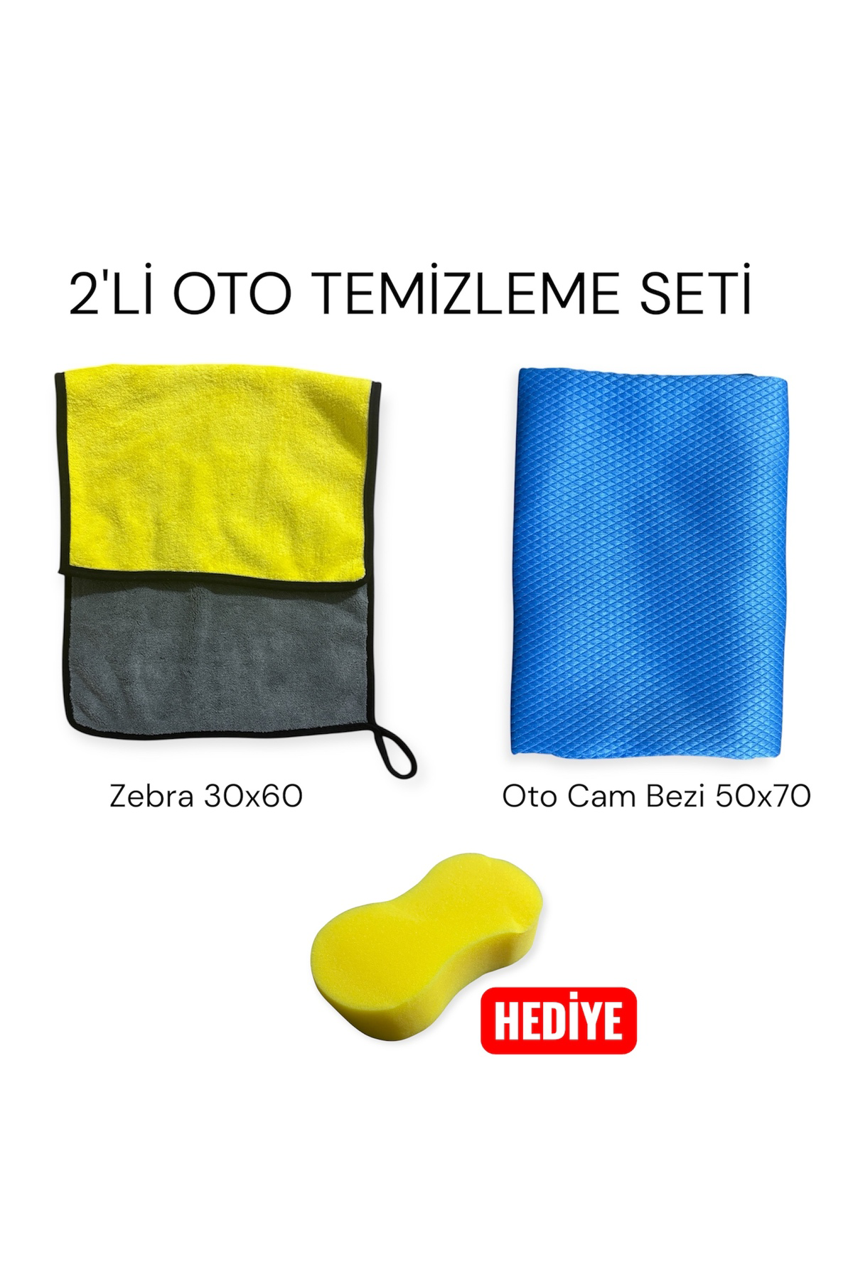 2'Lİ OTO TEMİZLEME SETİ, ZEBRA BEZİ 30x60+ MIKROFIBER CAM BEZİ 50