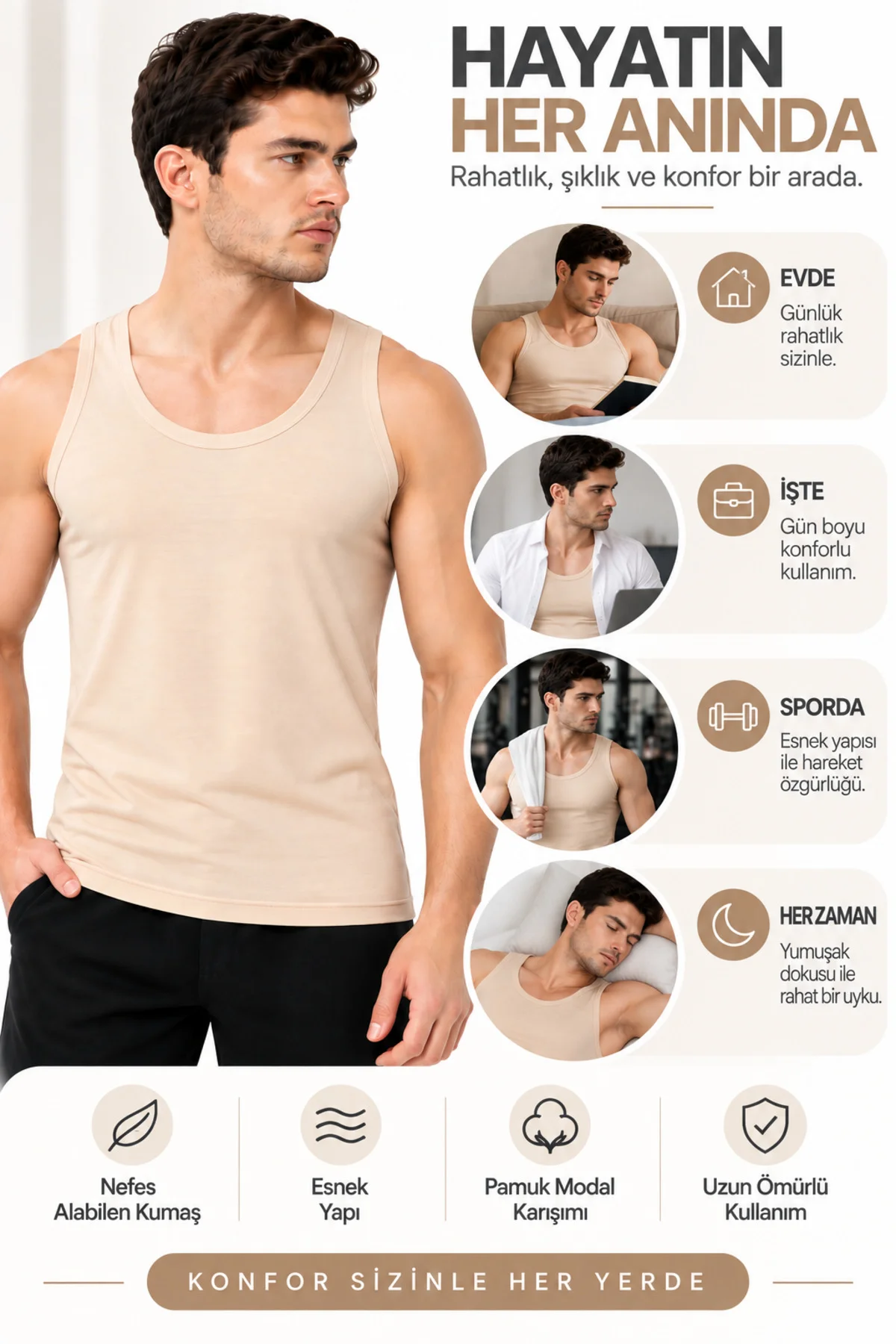 2'li Paket Erkek Ten Rengi Modal Atlet Pamuklu Esnek Nefes Alan Yumuşak Günlük İç Giyim S M L XL 2XL