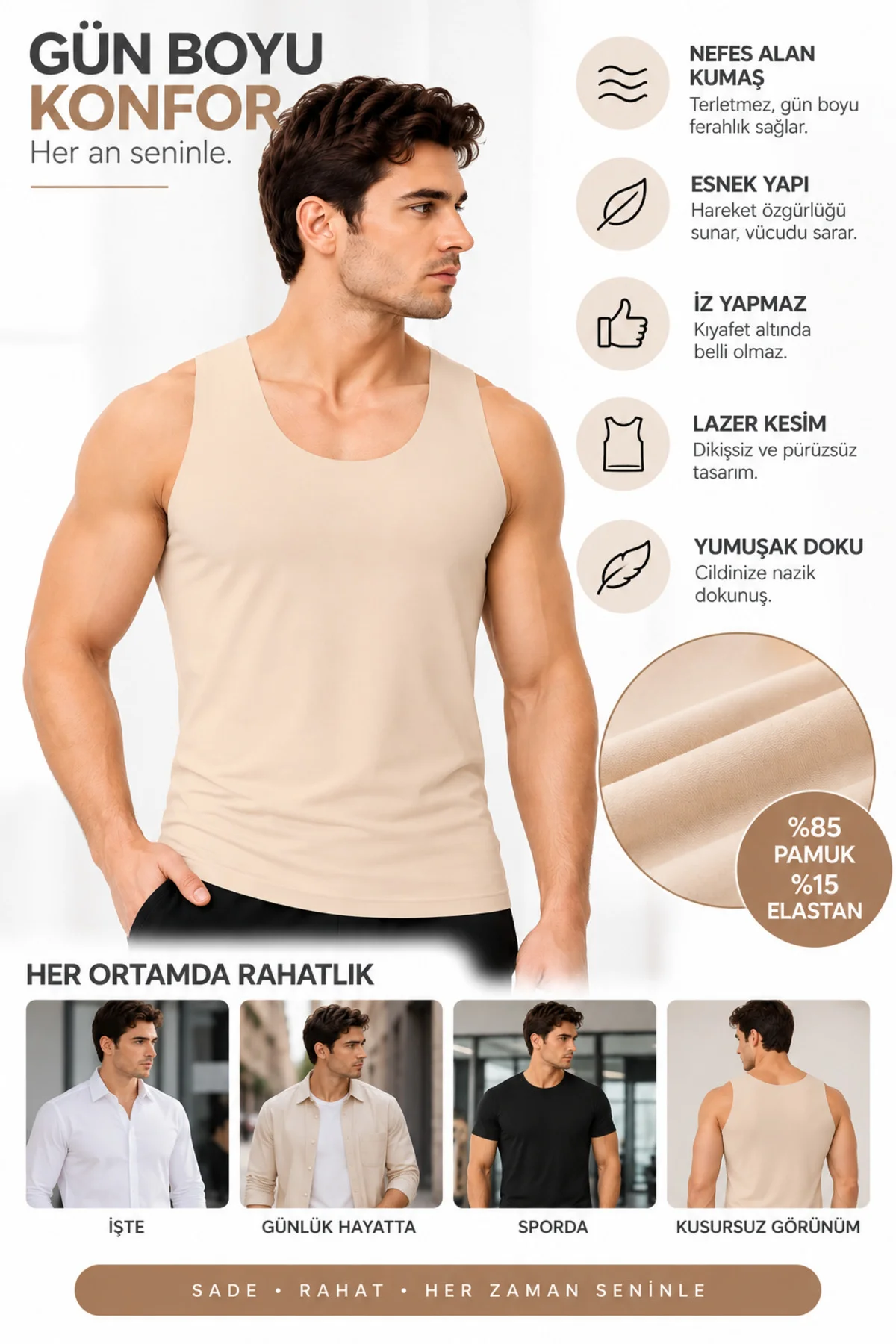 2'li Paket Erkek Ten Rengi Lazer Kesim Atlet Pamuklu Esnek Dikişsiz İz Yapmayan Rahat Günlük İç Giyim S-3XL