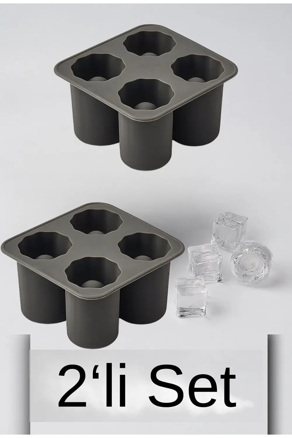 2’li Set – 4 Bölmeli Silikon Buz Kalıbı – Büyük Yuvarlak Buz Küpü