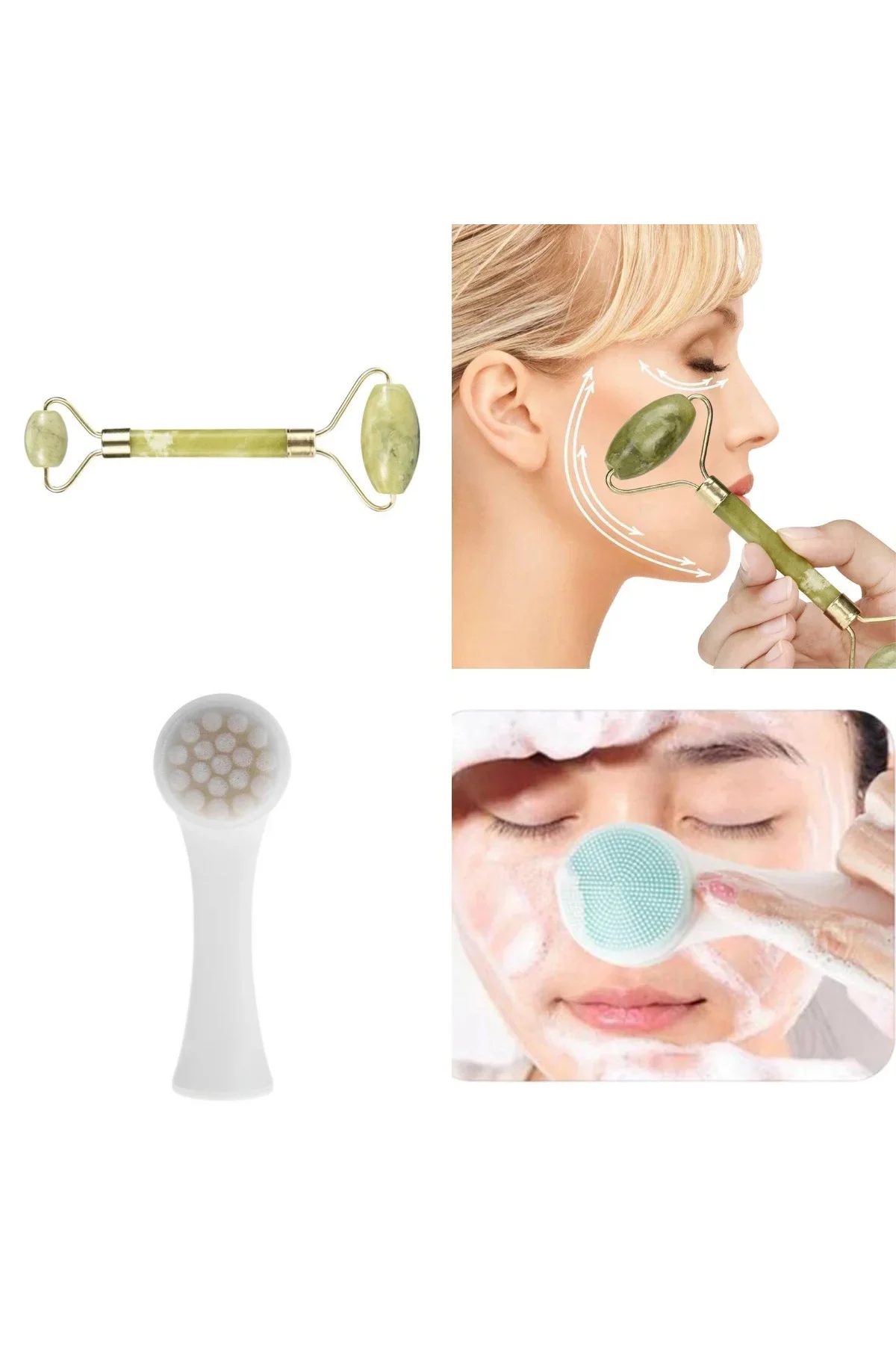 2'li Set Çift Taraflı Cilt Tezleme Fırçası ve Yeşim Taşı Çift Taraflı Cilt Masaj Aleti 2'li Set Çift Taraflı Cilt Tezleme Fırçası ve Yeşim Taşı Çift Taraflı Cilt Masaj Aleti